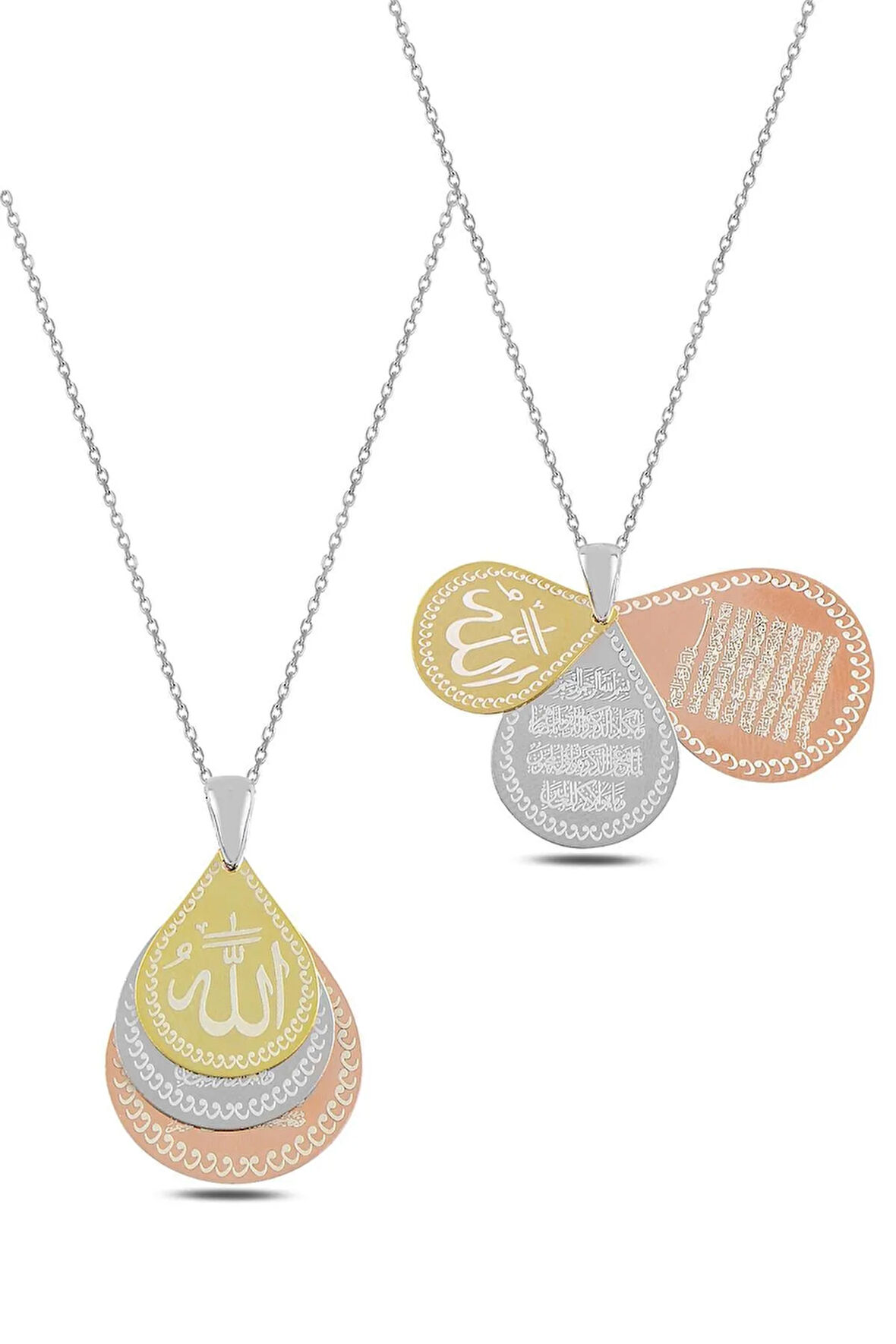 Damla Model Üçlü Allah Yazılı Nazar Dualı Ayetel Kürsi Kadın Gümüş Kolye Gklkttrkm1d-ros