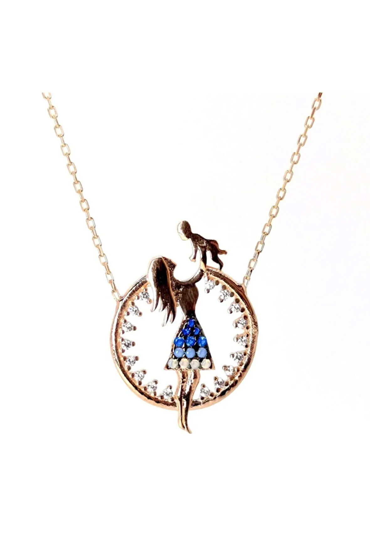 Mavi Taşlı Anne Bebek Rose Renk Kadın Gümüş Kolye