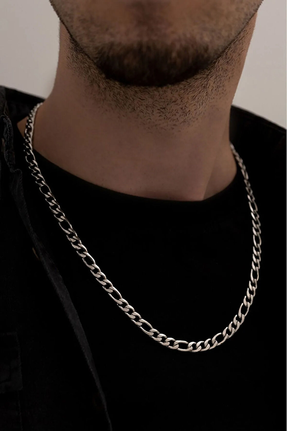 Erkek Çelik Kolye - Figaro Çizgili Erkek Çelik Zincir Kolye