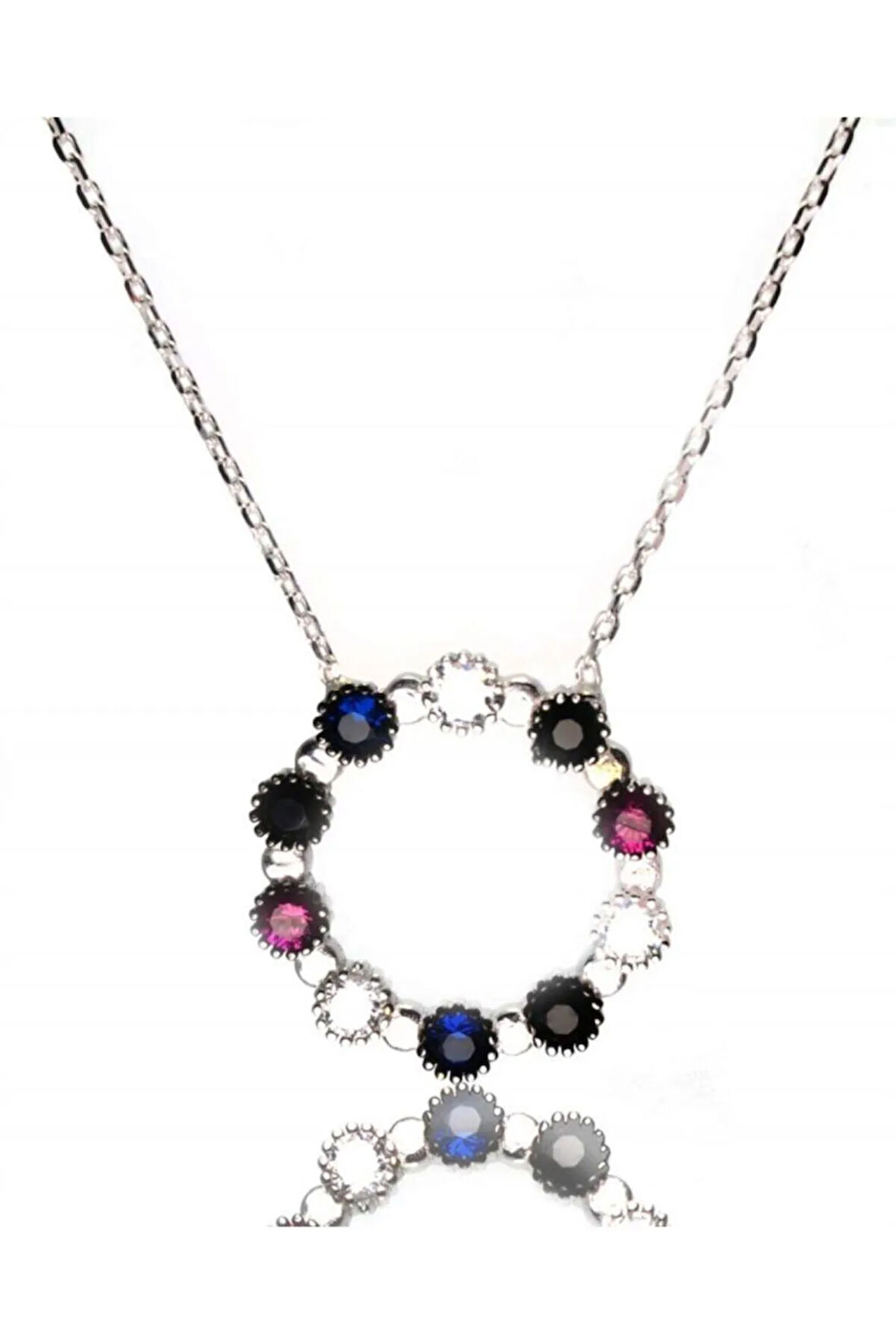 Yuvarlak Renkli Taşlarla Bezeli Kadın Gümüş Kolye Orta Boy