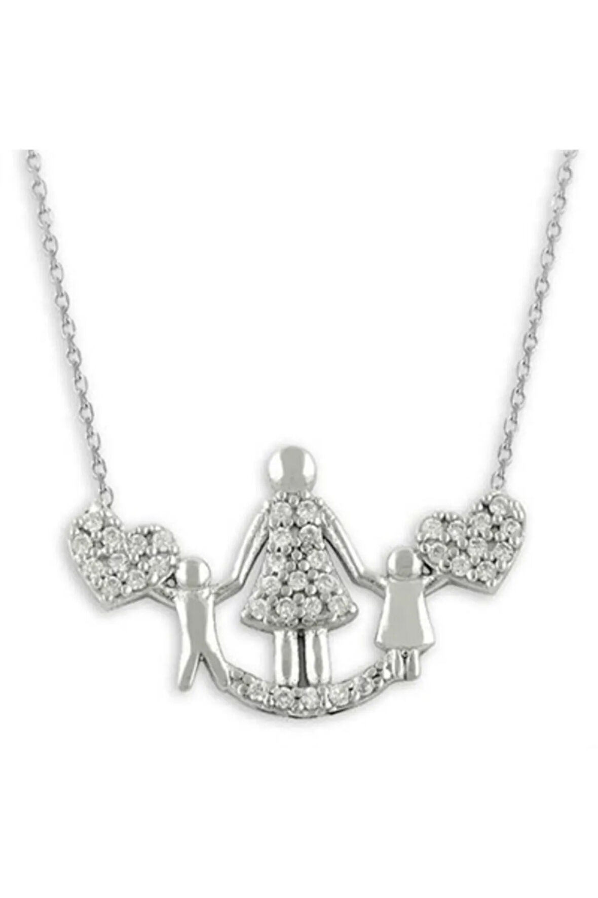 Anne Ve Çocukları Zirkon Taşlı Kalp Gümüş Kadın Kolyesi