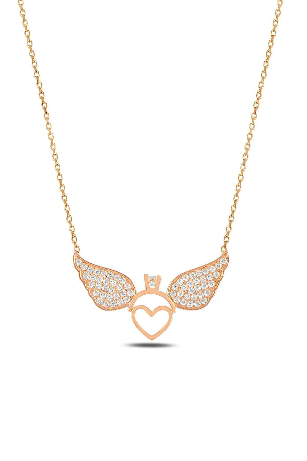 Zirkon Taşlı Rose Renk Kalpli Yüzük Model Kadın Gümüş Kolye Gklmlkkndm2-ros