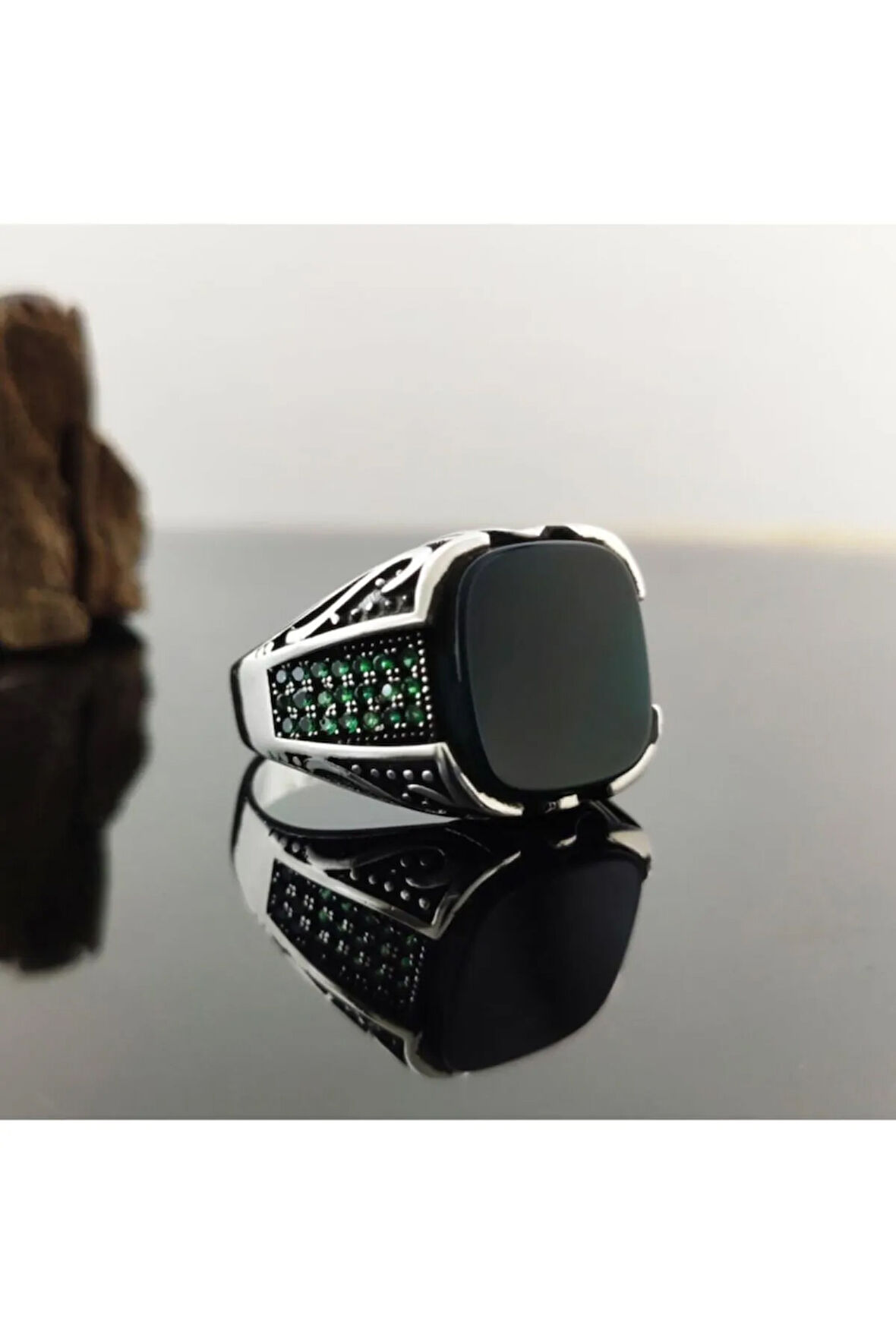 Yeşil Kehribar Gümüş Erkek Yüzük Gyzgmsgumsw