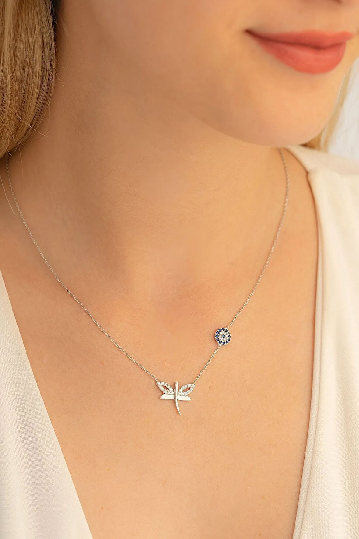 Kadın Gümüş Kolye - Sevgiliye Hediye Yusufçuk Nazarlıklı 925 Ayar Gümüş Kolyesi