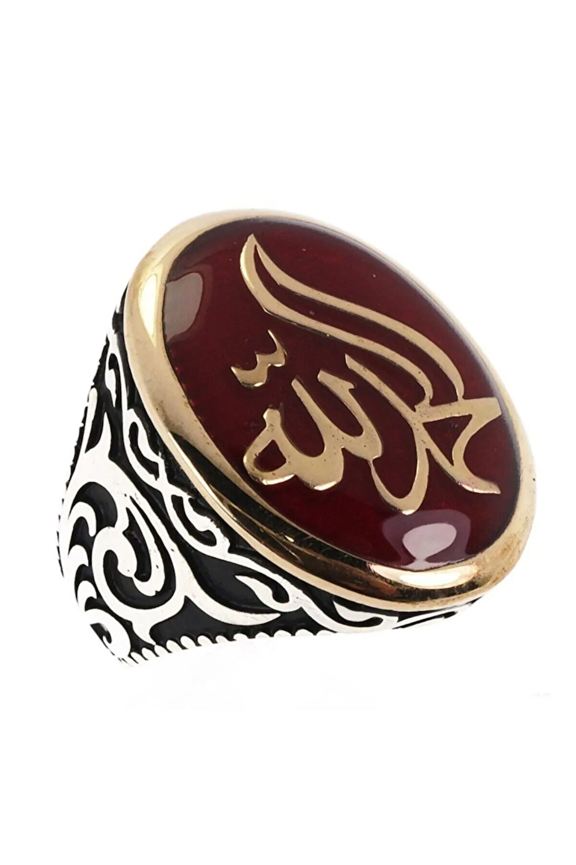 Elhamdülillah Yazılı Kırmızı Mineli Gümüş Erkek Yüzük