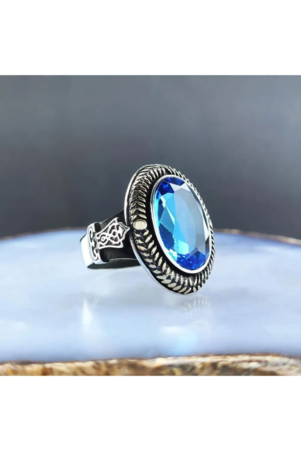 Aquamarine Taşlı Gümüş Erkek Yüzük Gyzgmswgumu