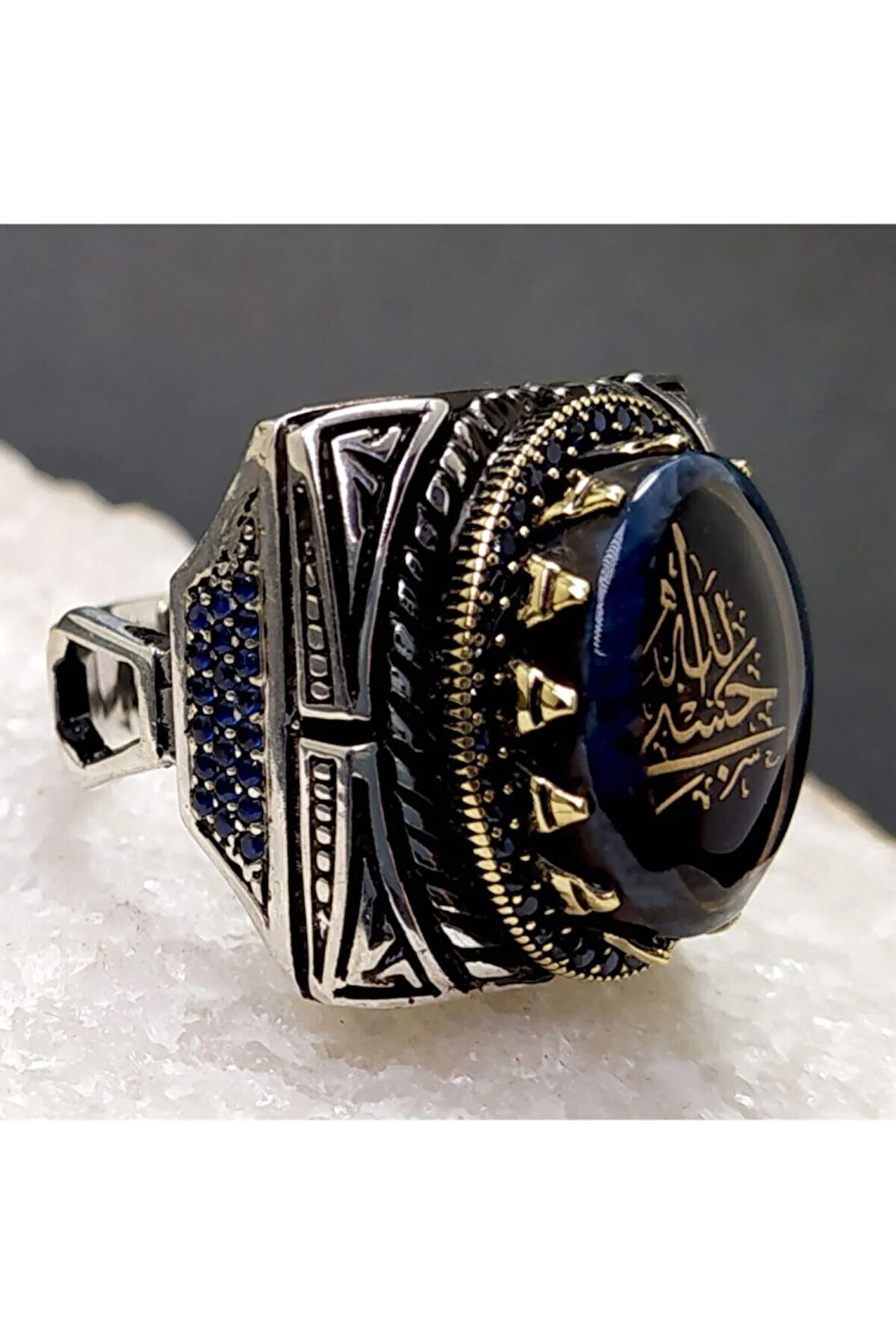 Hasbinallah Ve Nimel Vekil Yazılı Kehribar Taşlı Erkek Gümüş Yüzük