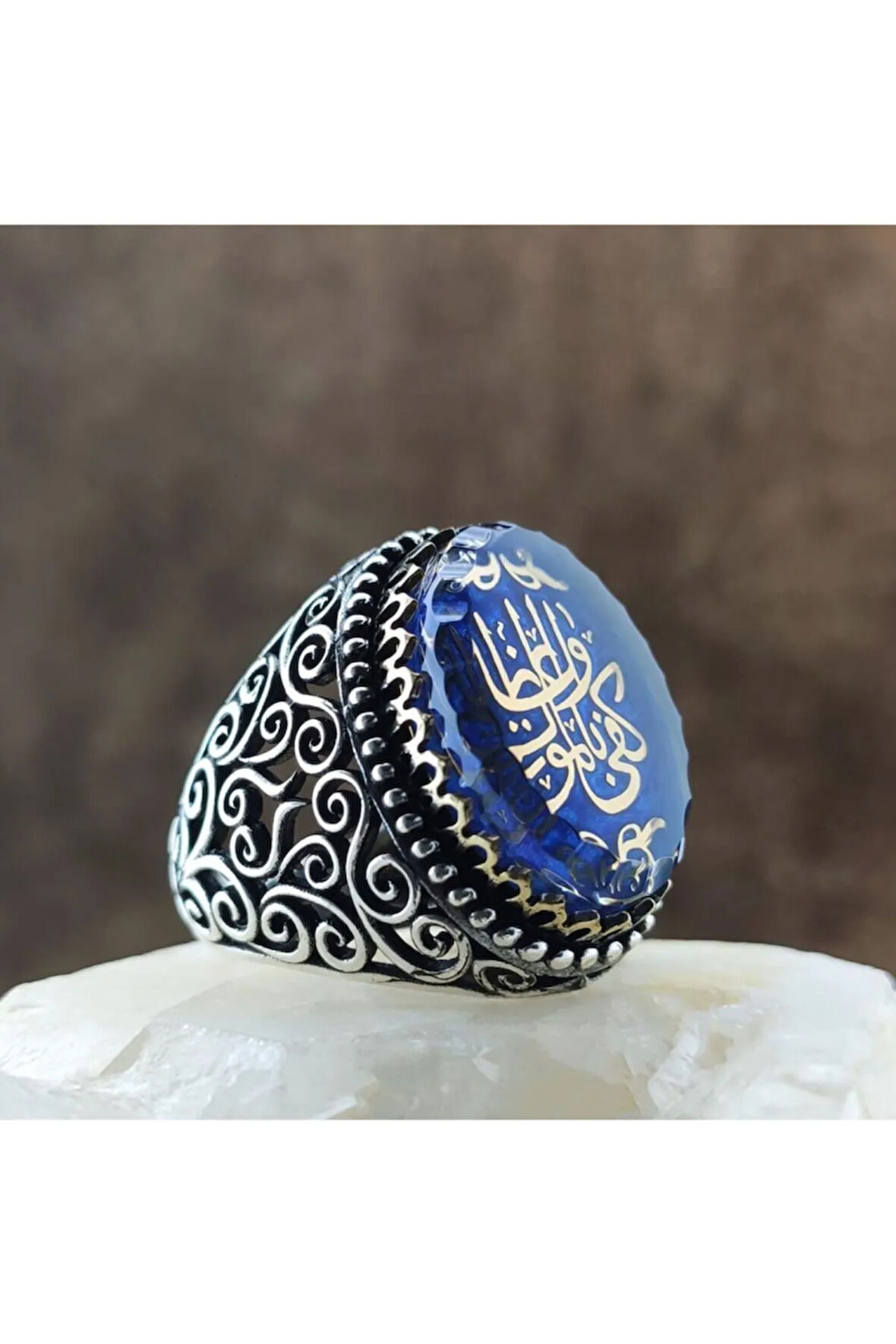 Kişiye Nasihat Olarak Ölüm Yeter Yazılı Mavi Mineli Gümüş Erkek Yüzük Gyzgmsfgumu