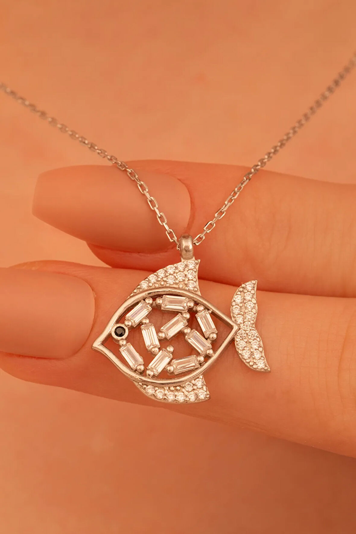 Rose Renkli Taşlı Balık Gümüş Kolye Zincir GKLBEYBALIK-GMS