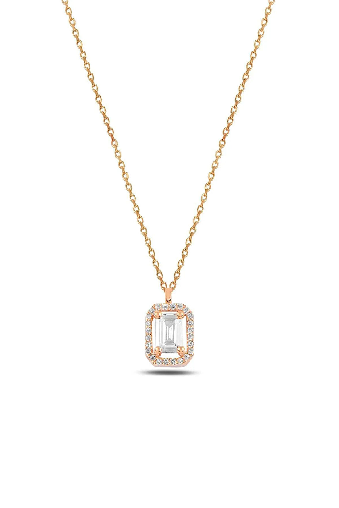 Zirkon Taşlı Rose Renk Dikdörtgen Kadın Gümüş Kolye Gkldkdrtgn1-ros