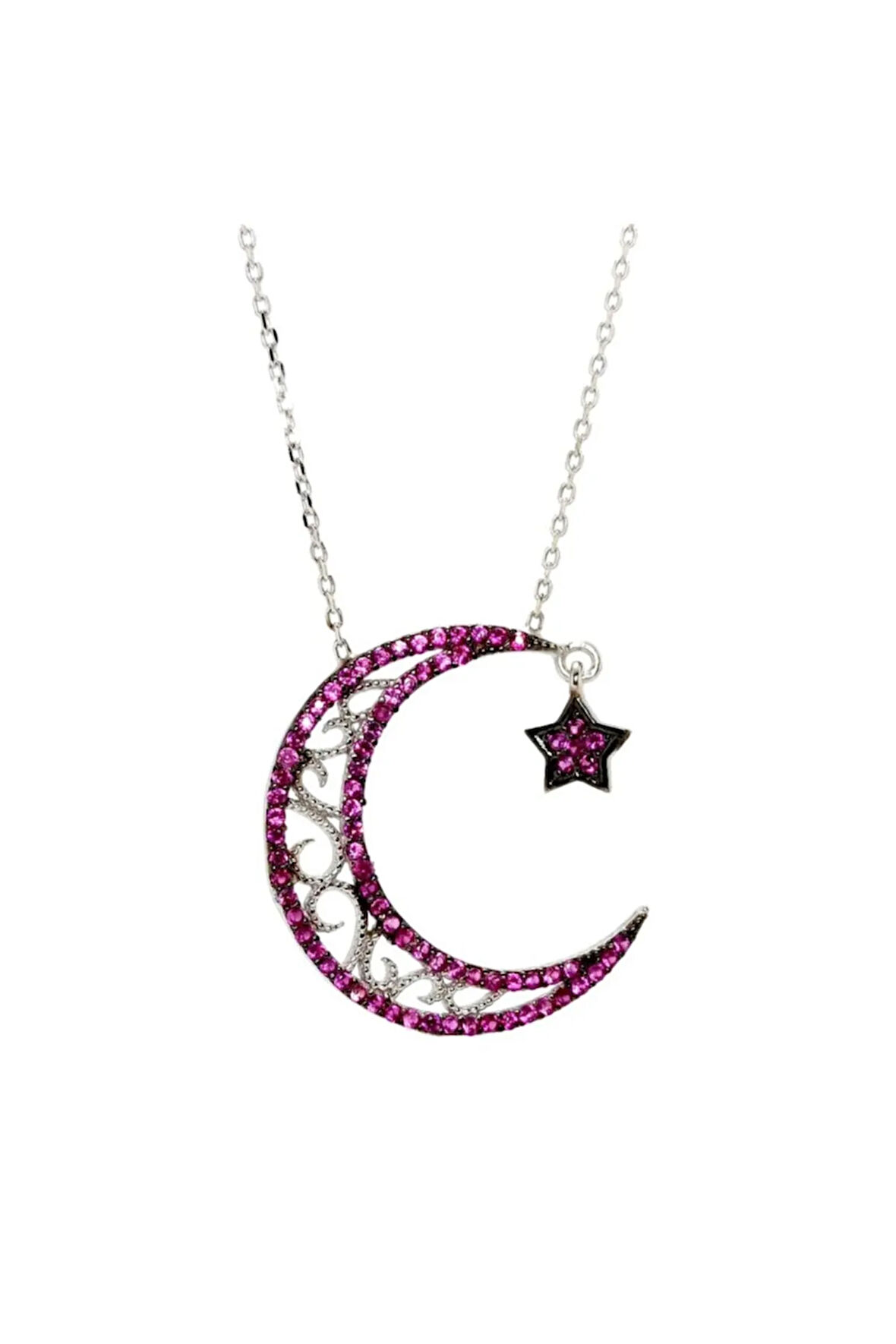 Kırmızı Zirkon Taşlı Ayyıldız Kadın Gümüş Kolye