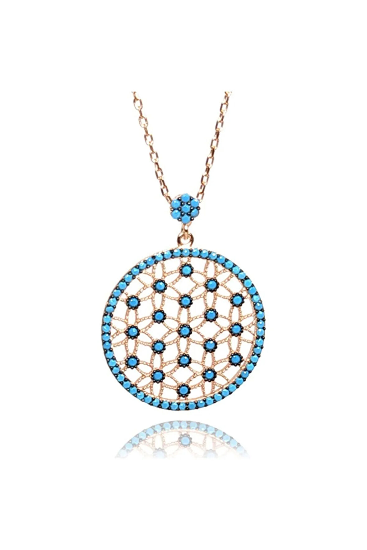 Turkuaz Zirkon Taşlı Rose Renk Yaşam Çiçeği Kadın Gümüş Kolye