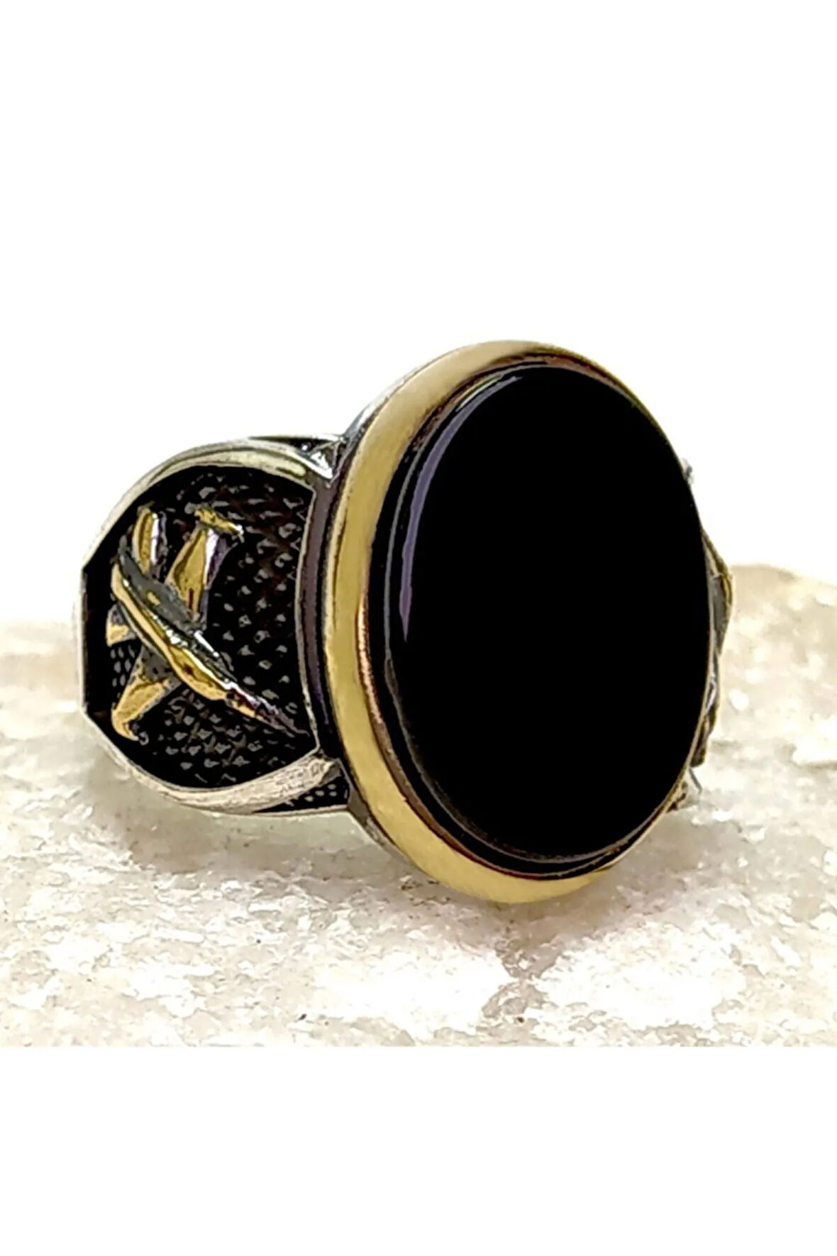 Uçak Motifli Siyah Oniks Taşlı Gümüş Erkek Yüzük