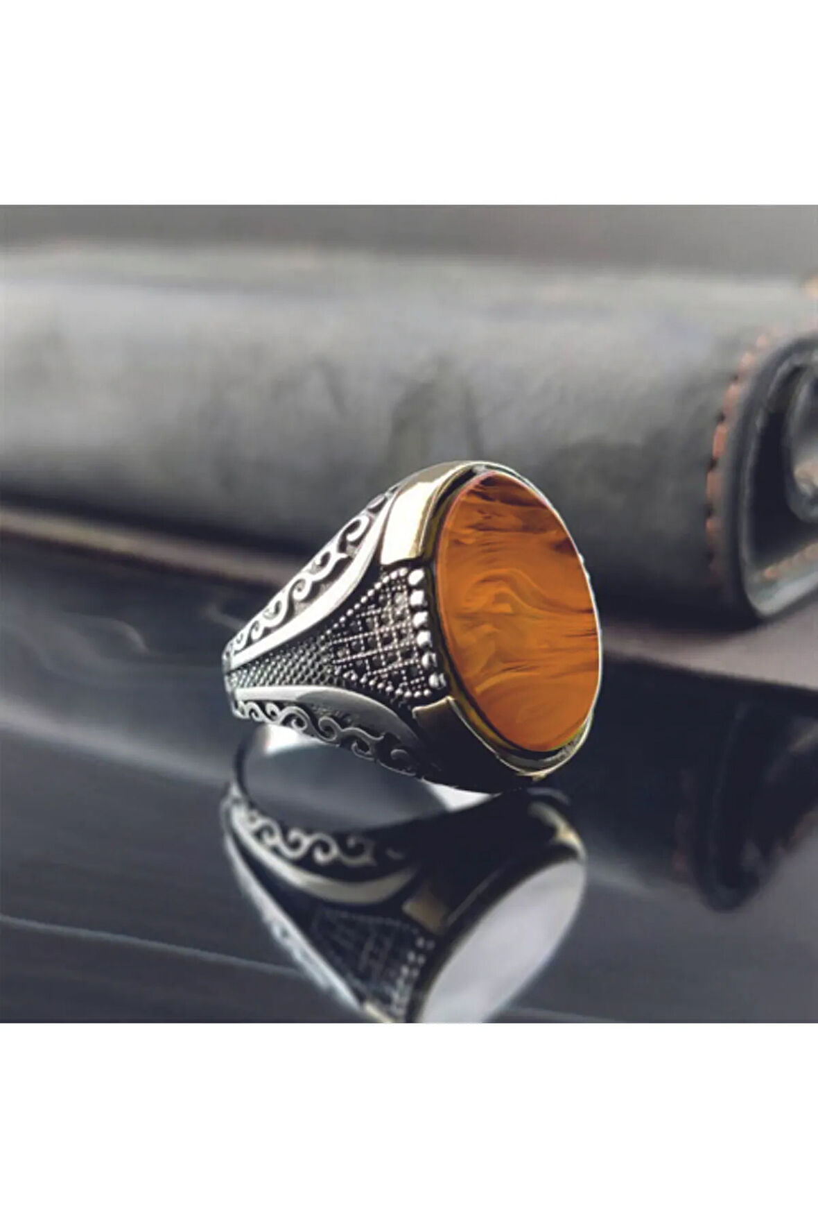 Mikro Taşlı Sarı Kehribar Gümüş Erkek Yüzük Gyzgmsbgumu