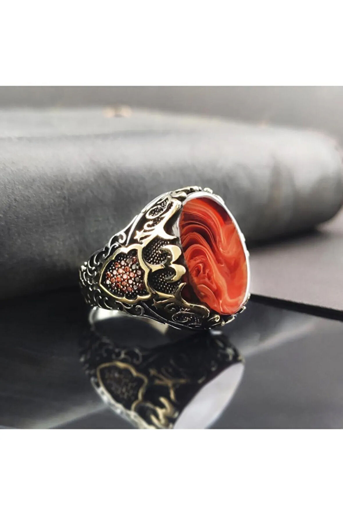 Düz Turuncu Kehribar Erkek Gümüş Yüzük Gyzgmsagumu