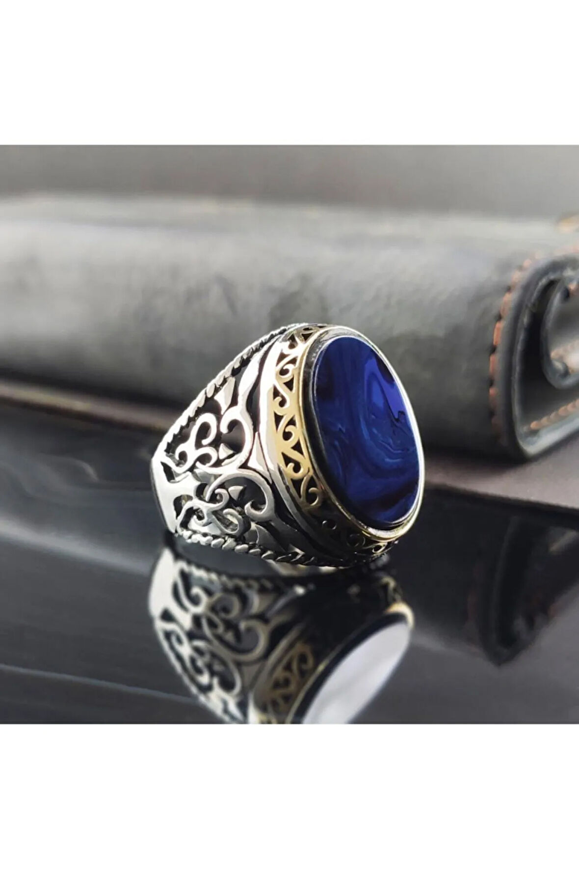 Düz Mavi Kehribar Gümüş Erkek Yüzük Gyzgmscgumu