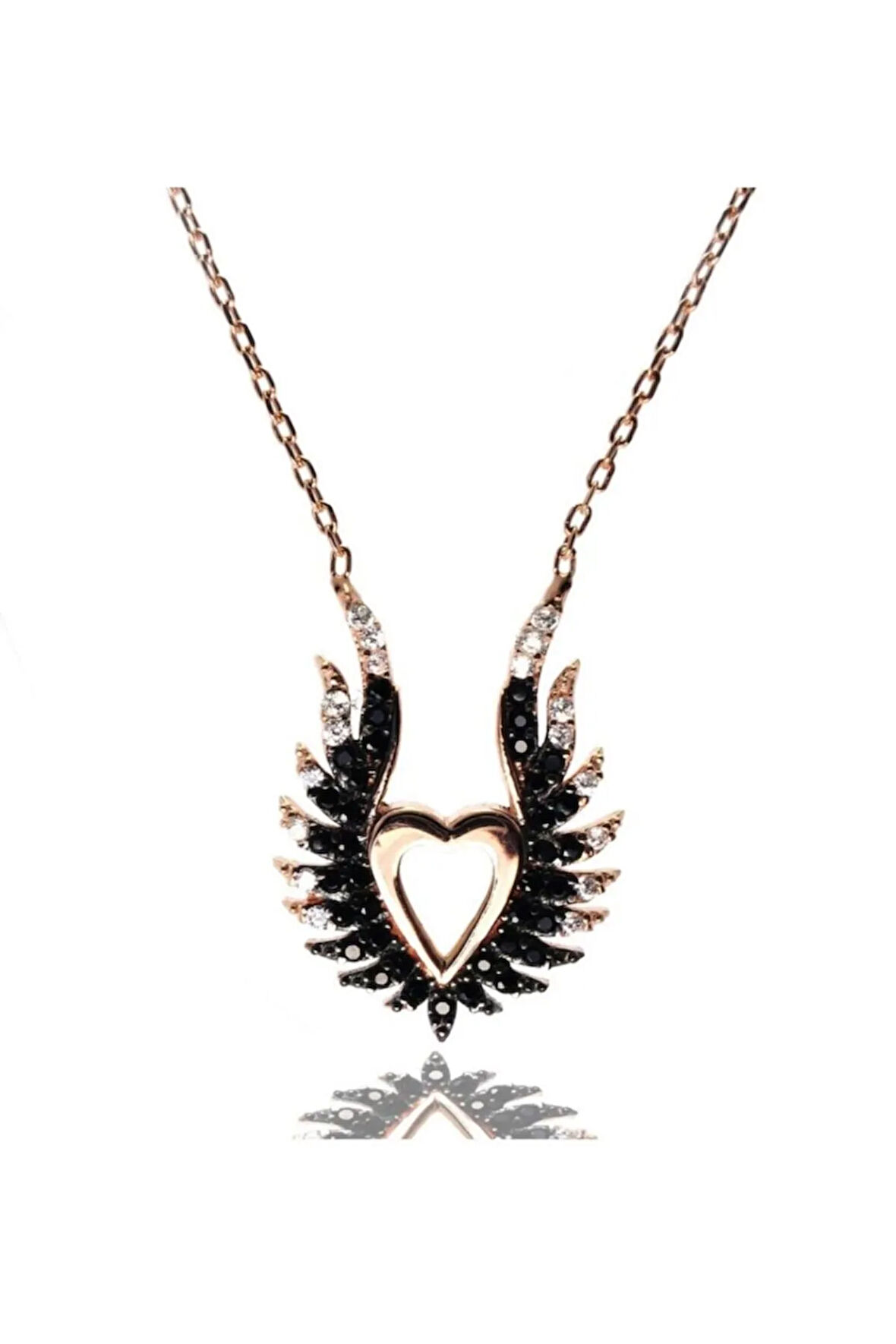 Siyah Kanatlı Kalpli Rose Kadın Gümüş Kolye