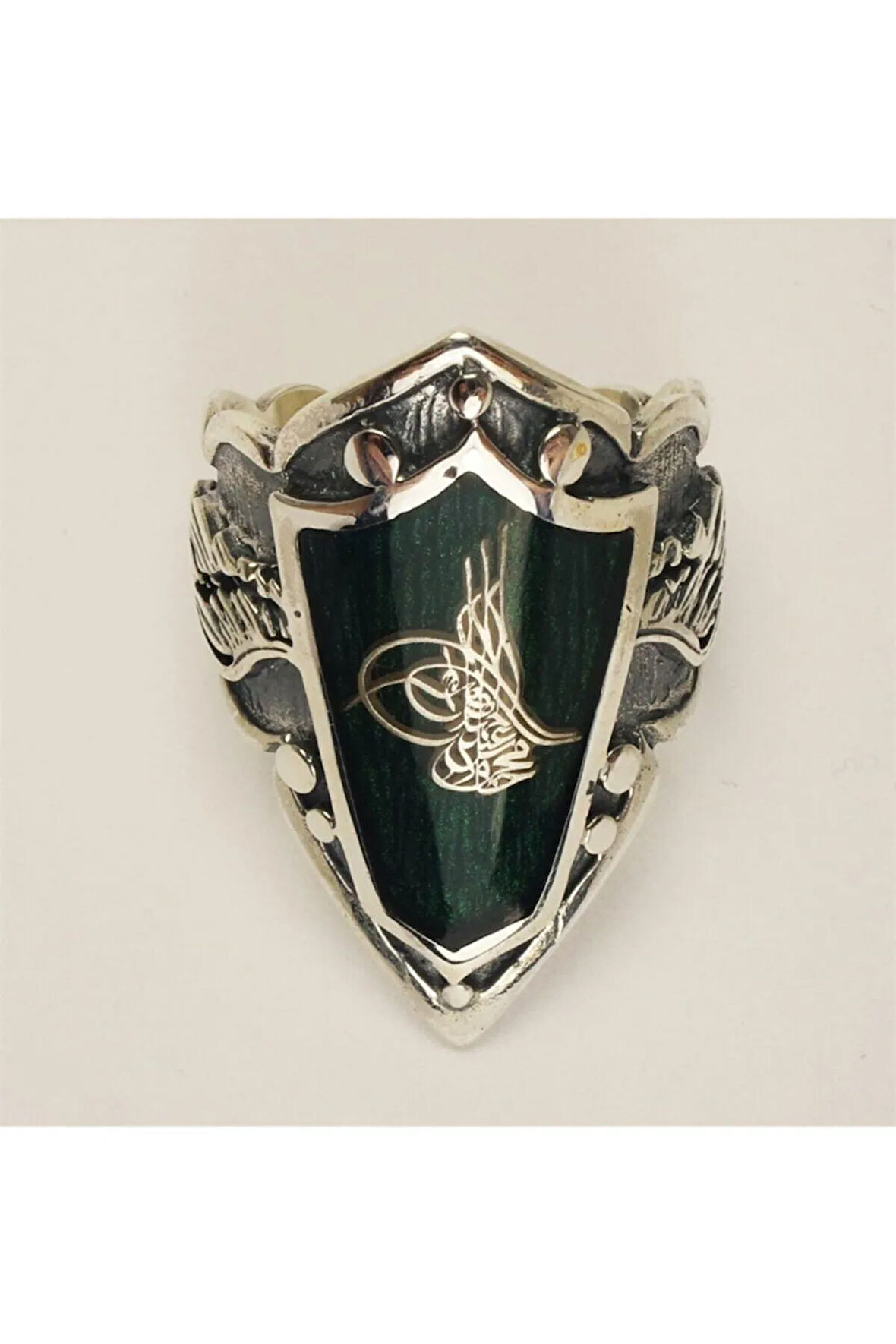 Osmanlı Tuğralı Yeşil Mineli Gümüş Erkek Zihgir Yüzük
