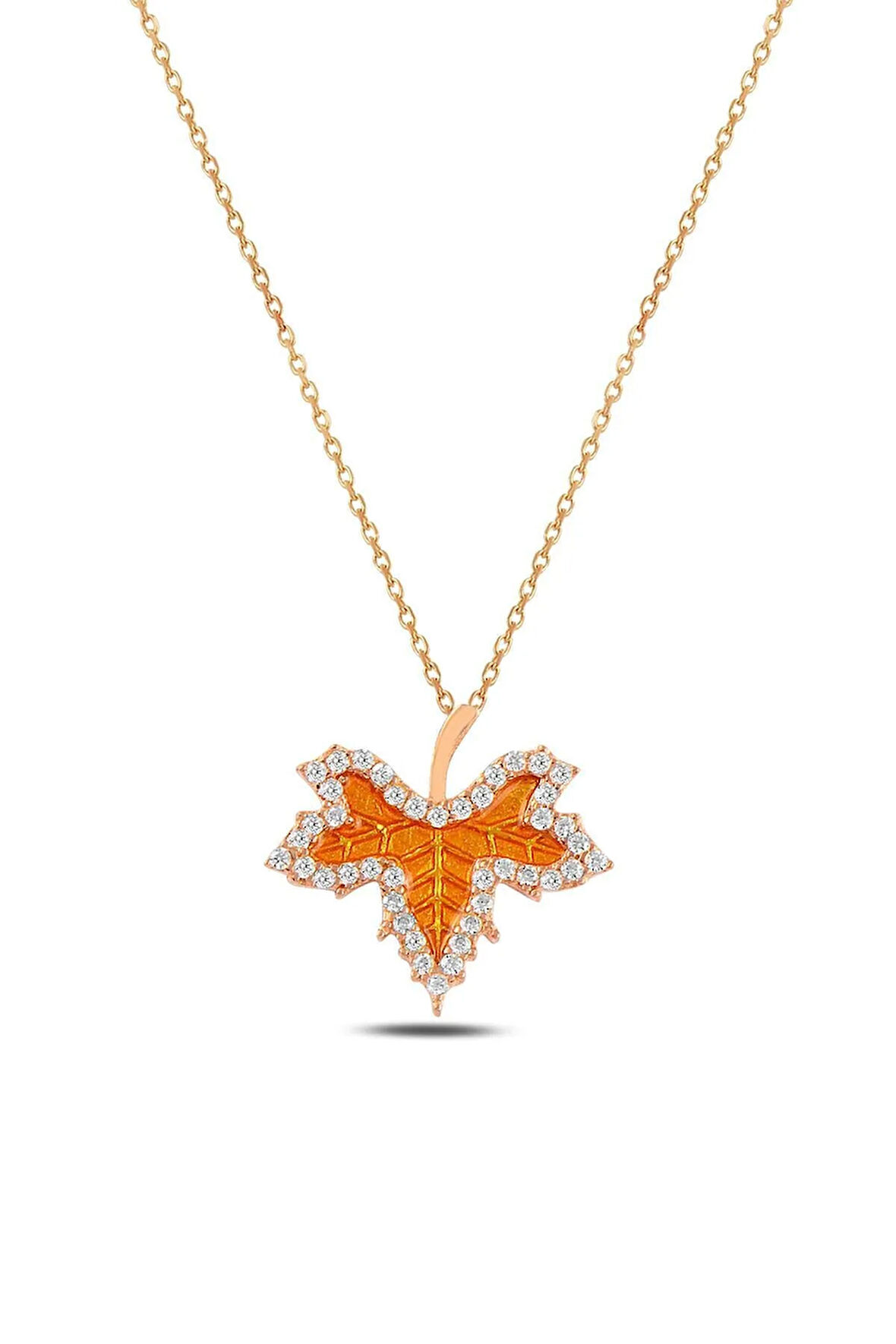 Zirkon Taşlı Rose Renk Kurumuş Yaprak Model Kadın Gümüş Kolye Gklyprkmdl2-ros