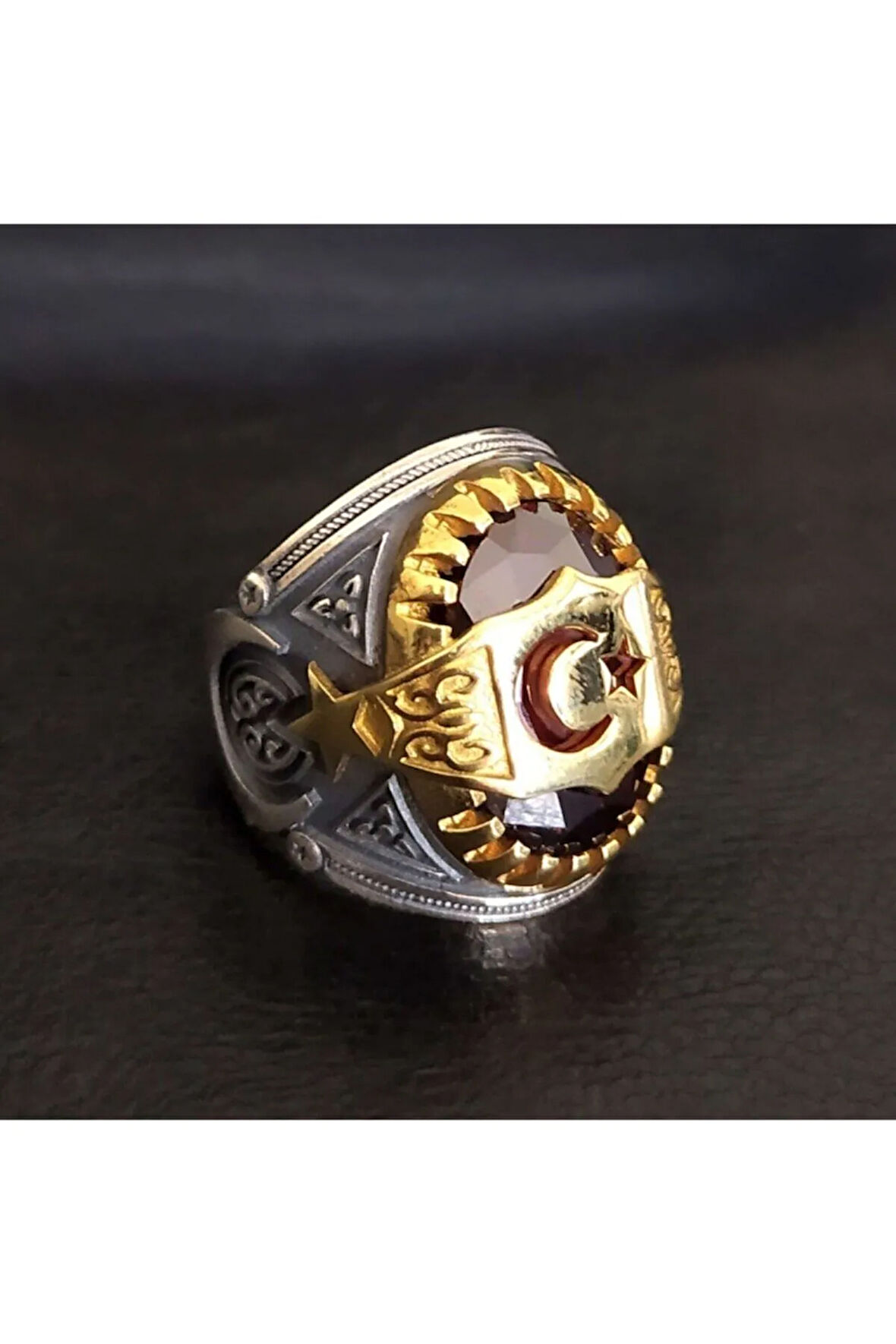 Kırmızı Zirkon Taşlı Ay Yıldız Erkek Gümüş Yüzük