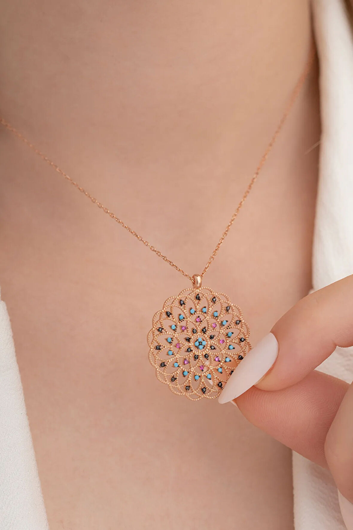 Kadın Rose Mix Taşlı Rose Yaşam Çiçeği Model 5 Gümüş Kolye