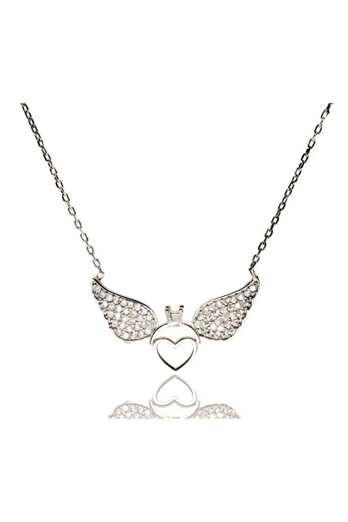 Tektaşlı Kanatlı Kalpli Kadın Gümüş Kolye Orta Boy