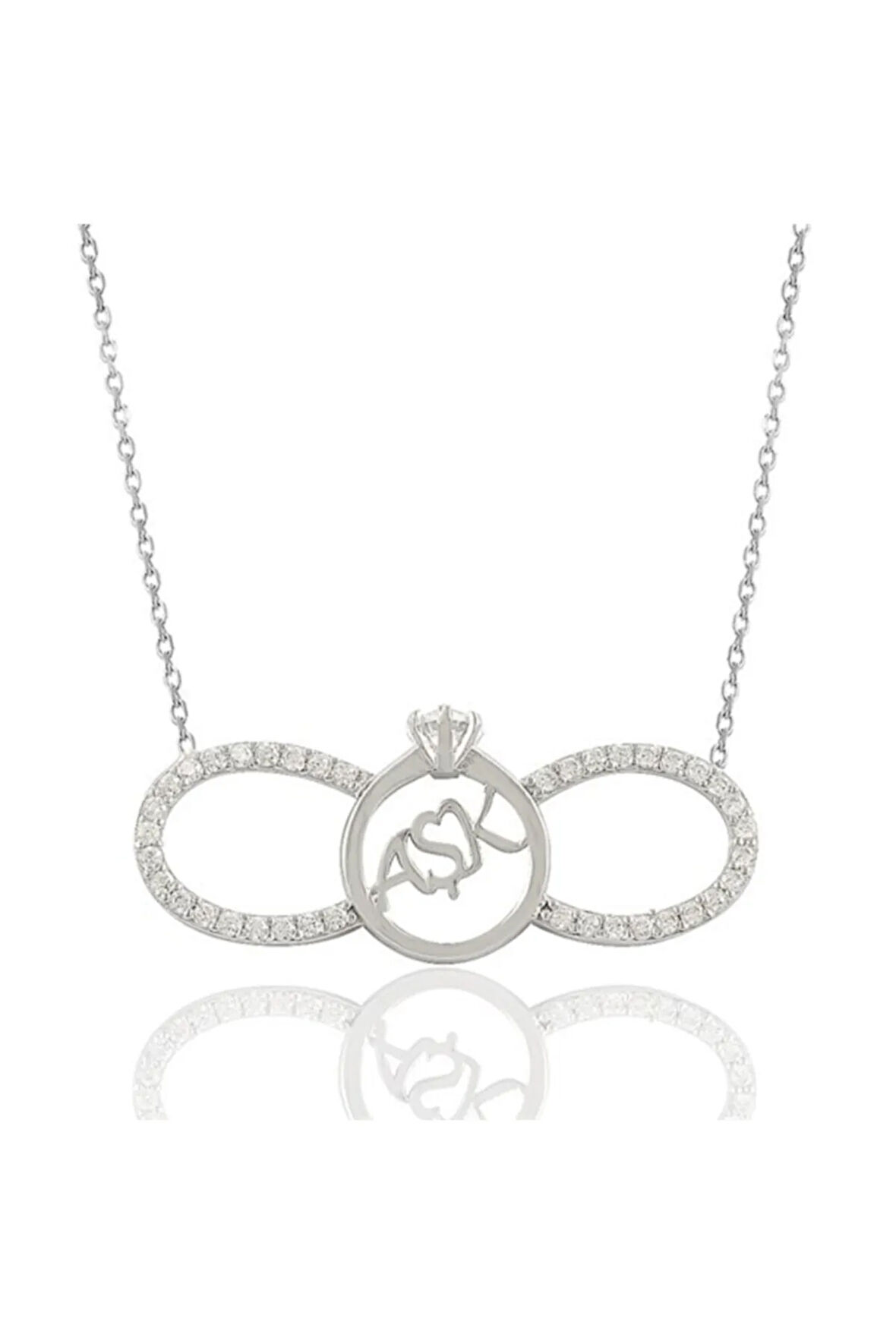 Aşk Yazılı Sonsuzluk Ve Tektaşlı Beyaz Kadın Gümüş Kolye