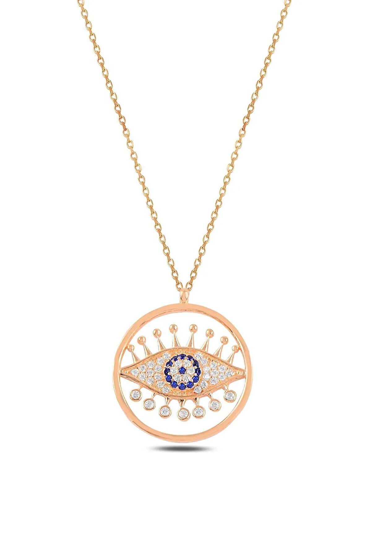 Zirkon Taşlı Rose Yuvarlak Nazarlıklı Göz Model Gümüş Kadın Kolye Gklgozmodl4-ros