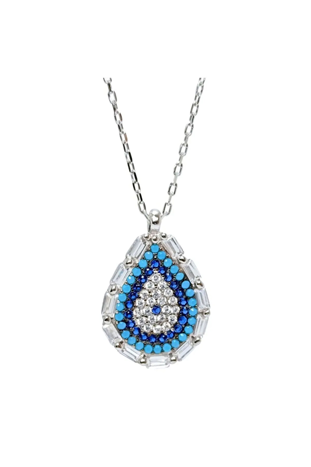 Baget Ve Turkuaz Taşlı Damla Model Nazar Boncuğu Kadın Gümüş Kolye