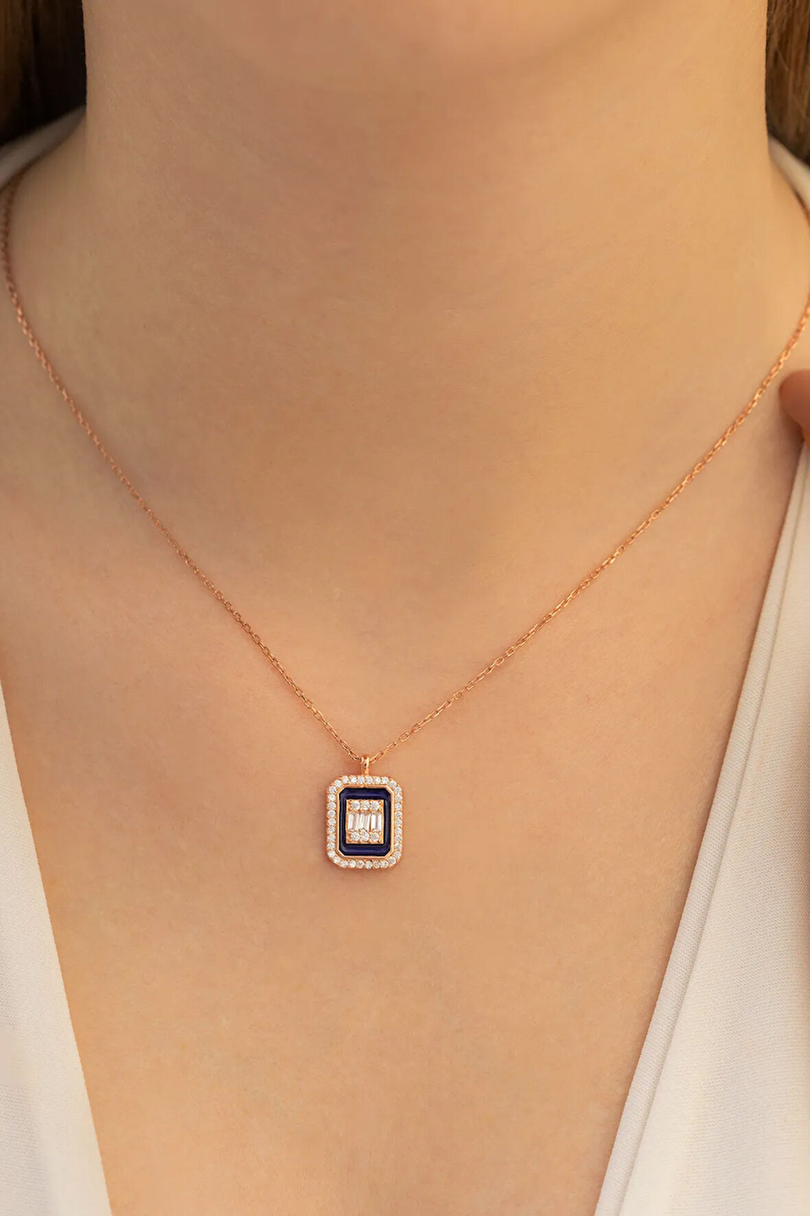 Kare Baget Taşlı Kadın Gümüş Kolye Zincir Gklkrbgtm1d-ros