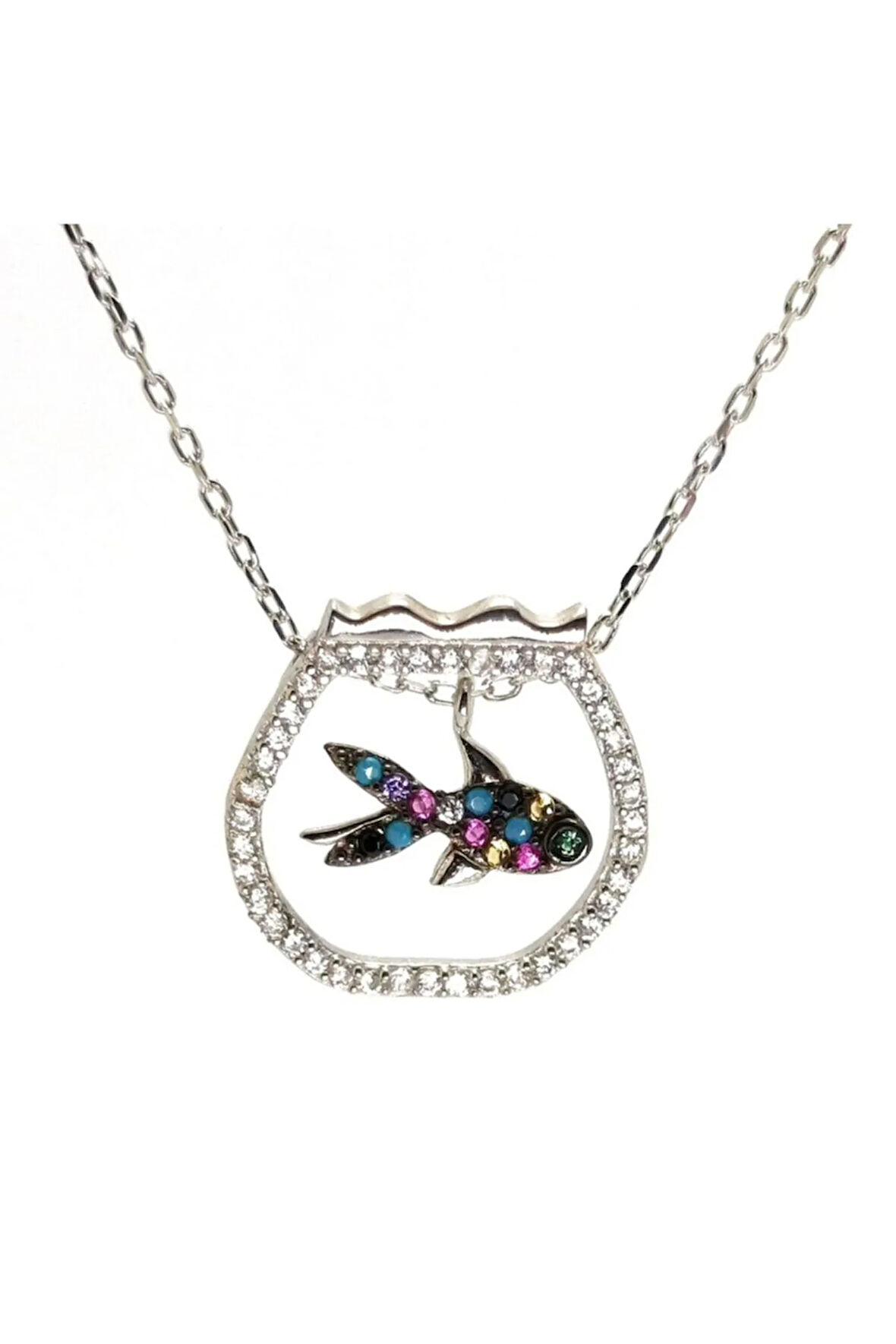 Kadın Gümüş Kolye - Zirkon Taşlı Balık Figürlü Akvaryum Model Gümüş Kolye