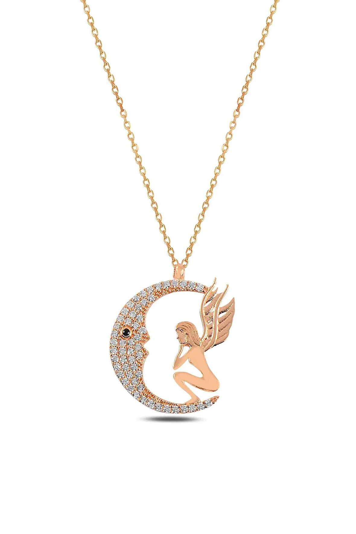 Zirkon Taşlı Rose Kanatlı Ay Kadın Gümüş Kolye Gklaykntkz1-ros