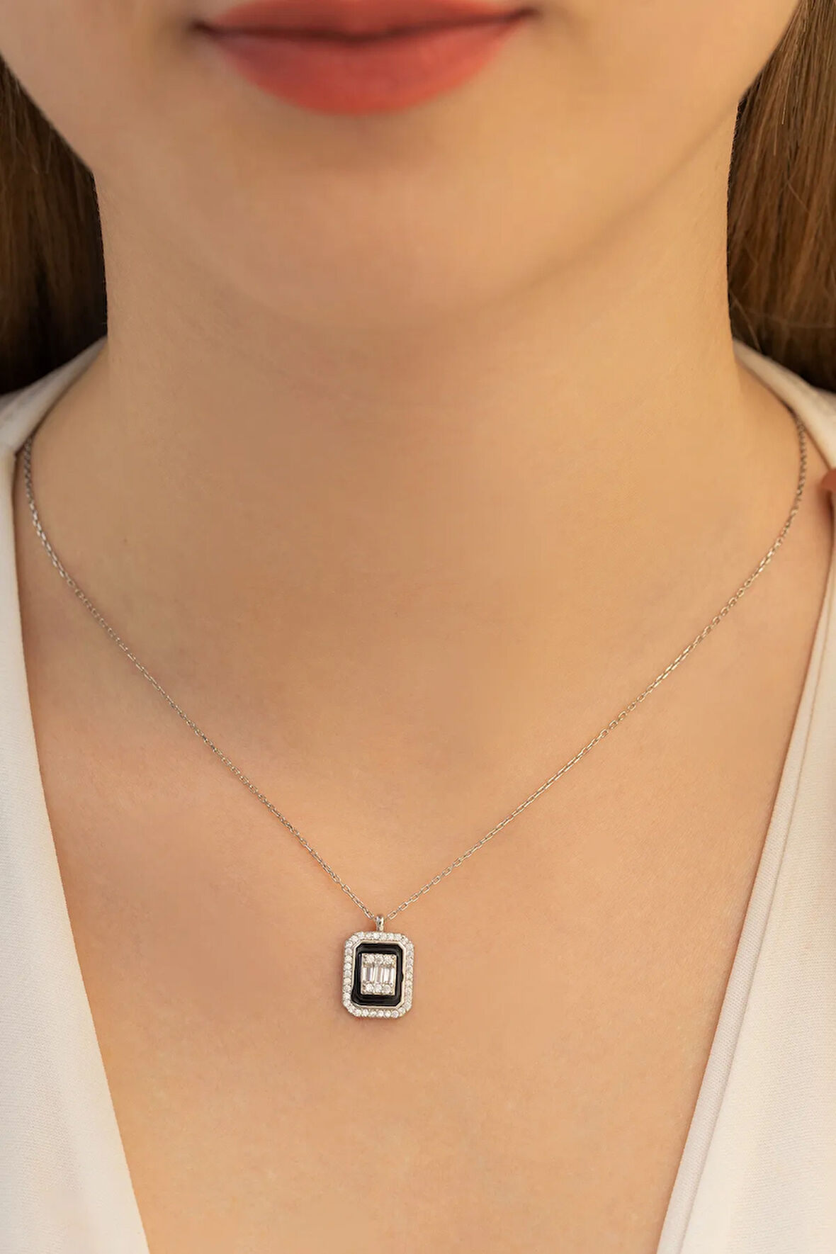 Kare Baget Taşlı Kadın Gümüş Kolye Zincir Gklkrbgtm1d-ros