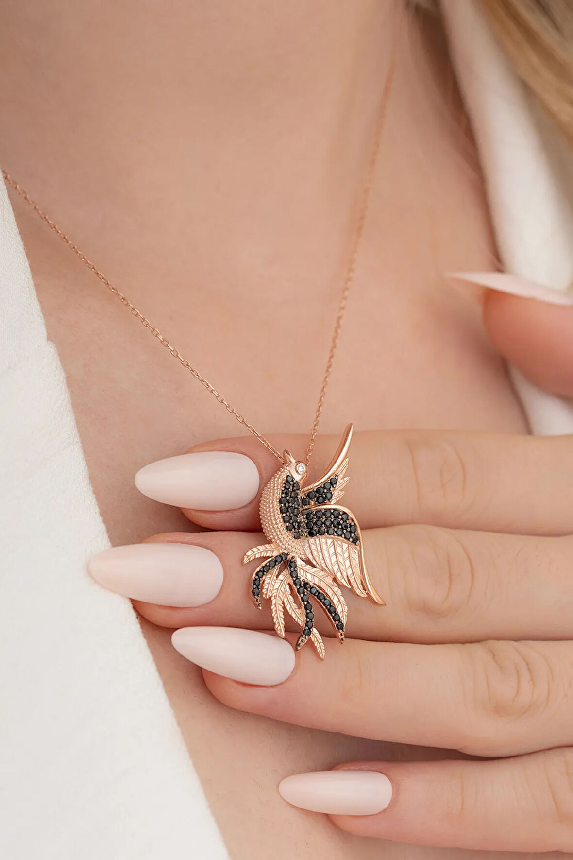 Zümrüdü Anka Kuşu Simurg Bayan Gümüş Kolye Büyük Boy Rose Model