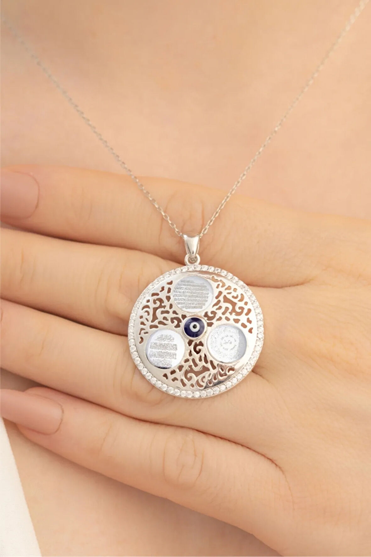 Ayetel Kürsi, Nazar Ve Kıtmir Dualı Nazar Boncuklu Gümüş Büyük Boy Kolye