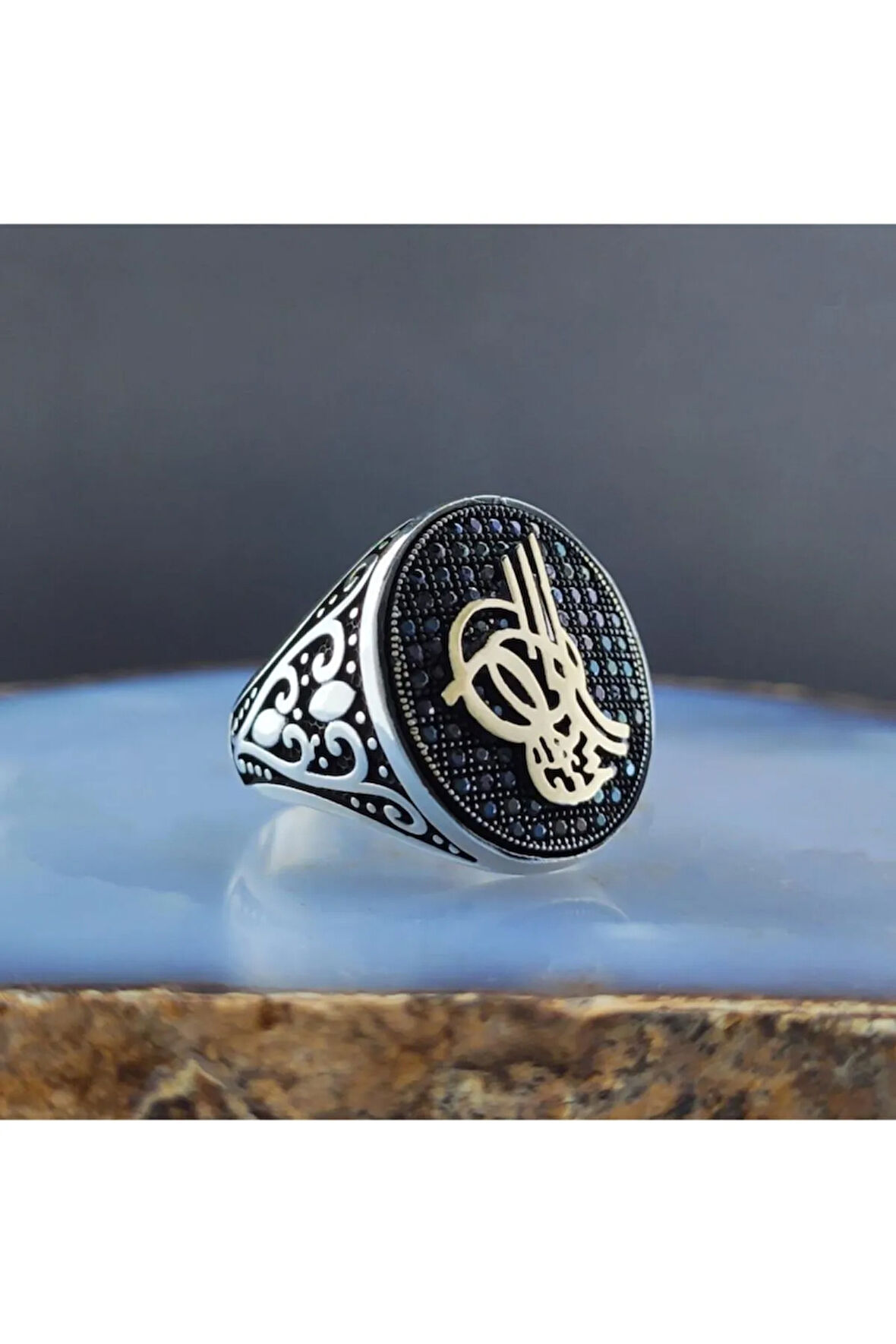 Mikro Taşlı Tuğralı Erkek Gümüş Yüzük Gyzgmsrgumu