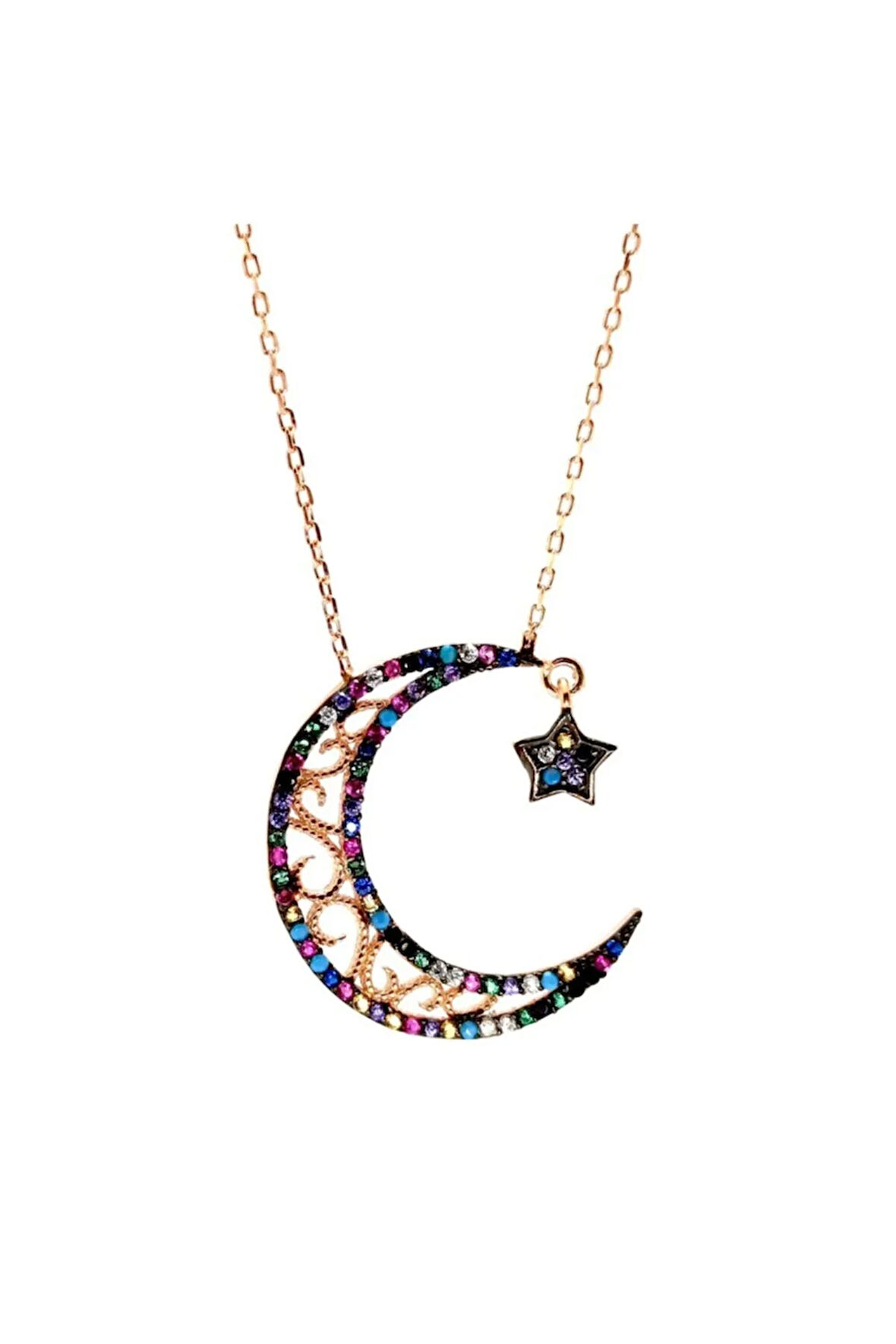 Renkli Zirkon Taşlı Ayyıldız Kadın Gümüş Kolye Zincir