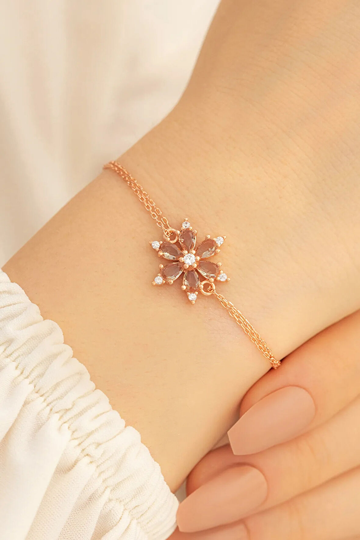 Kadın Gümüş Bileklik - Kahverengi Taşlı Çiçek Model Rose Kadın Gümüş Bileklik