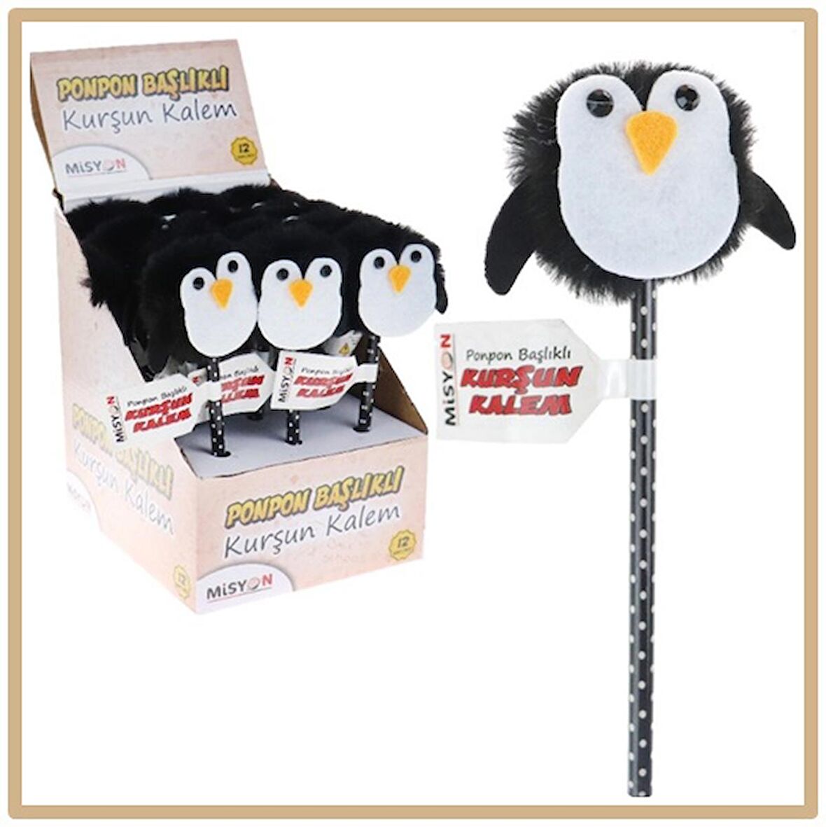 Misyon Penguen Ponpon Başlıklı Kurşun Kalem