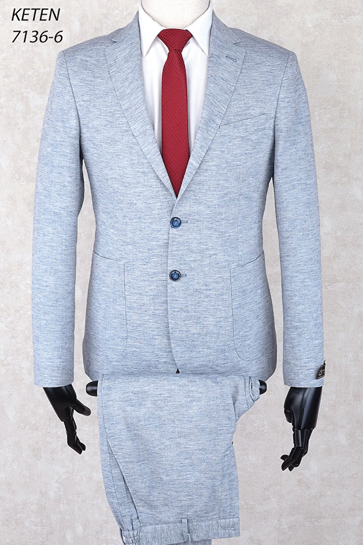 Keten Torba Cep İpli Lastikli Pantolon  Slim Fit Mono Yaka-Çift Yırtmaç Astarsız Drop 6  Takım Elbise