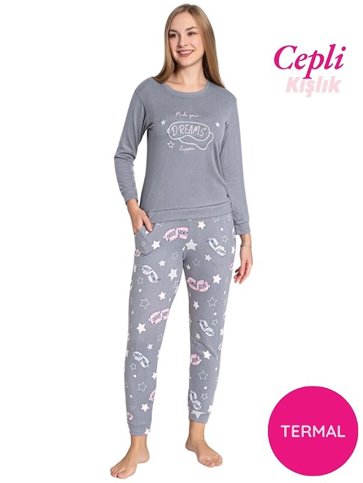 Kadın Bisiklet Yaka Düğmesiz Kışlık Termal Bilek Manşetli Jogger Uzun Kol Cepli Pijama Takımı