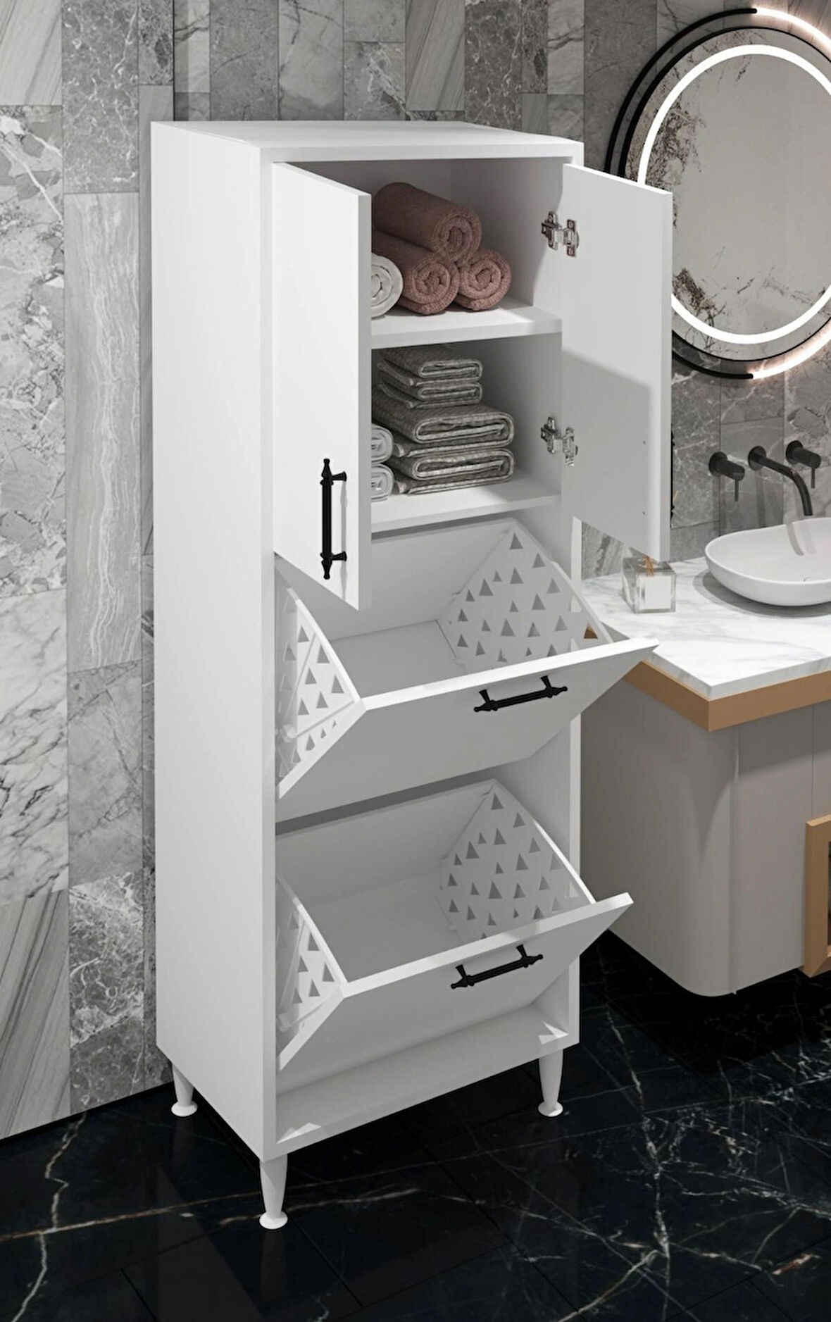 Nergiz Beyaz ve Renkli Kirli Çamaşır Sepetli Çok Amaçlı Banyo Dolabı