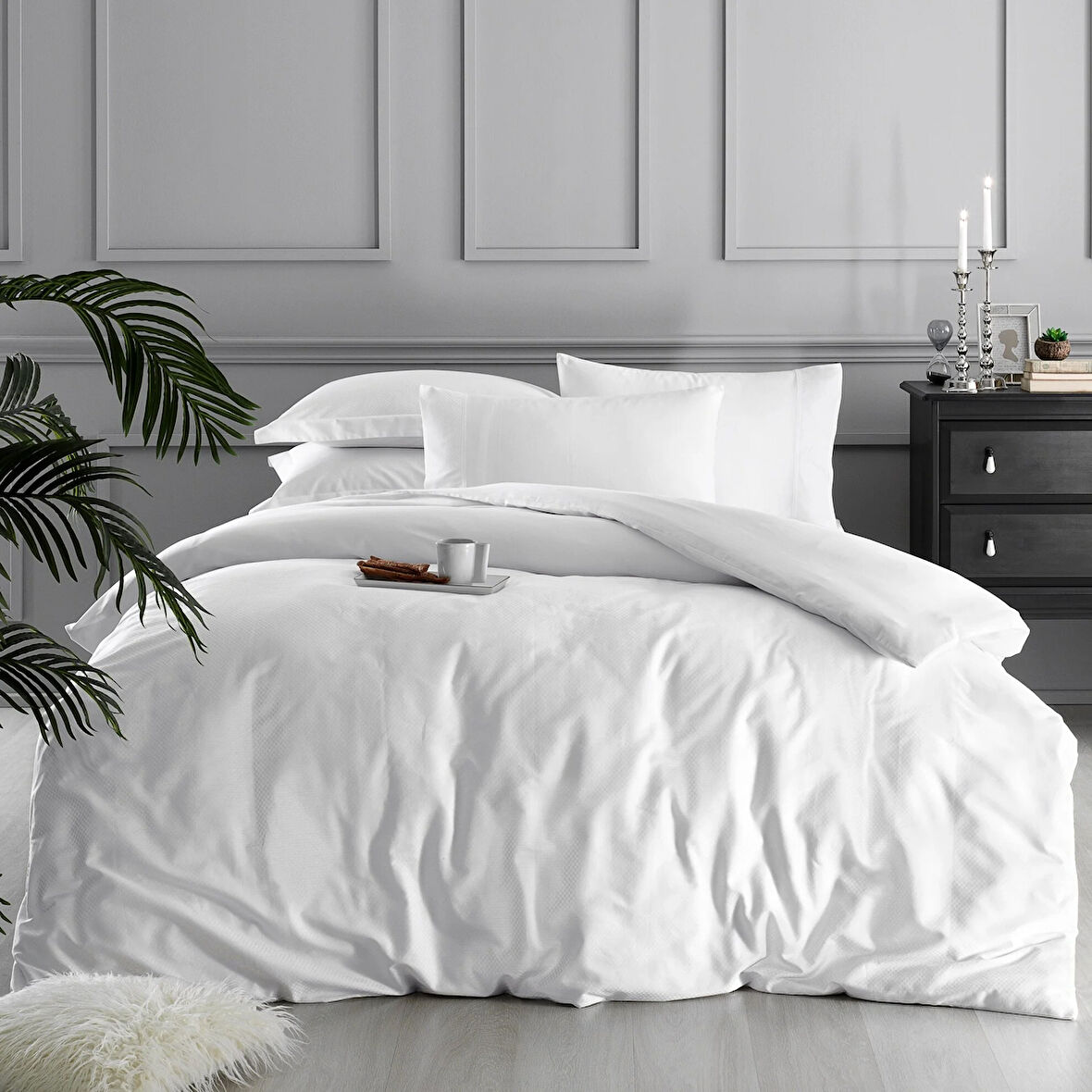 Linens White Collection Square Pamuk Jakar Saten Çift Kişilik Nevresim Kılıfı Beyaz