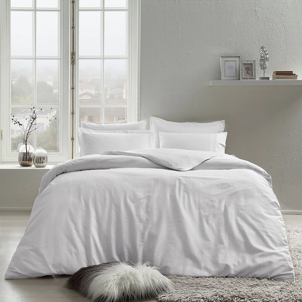 Linens White Collection Logo Pamuk Jakar Saten Çift Kişilik Nevresim Kılıfı Beyaz