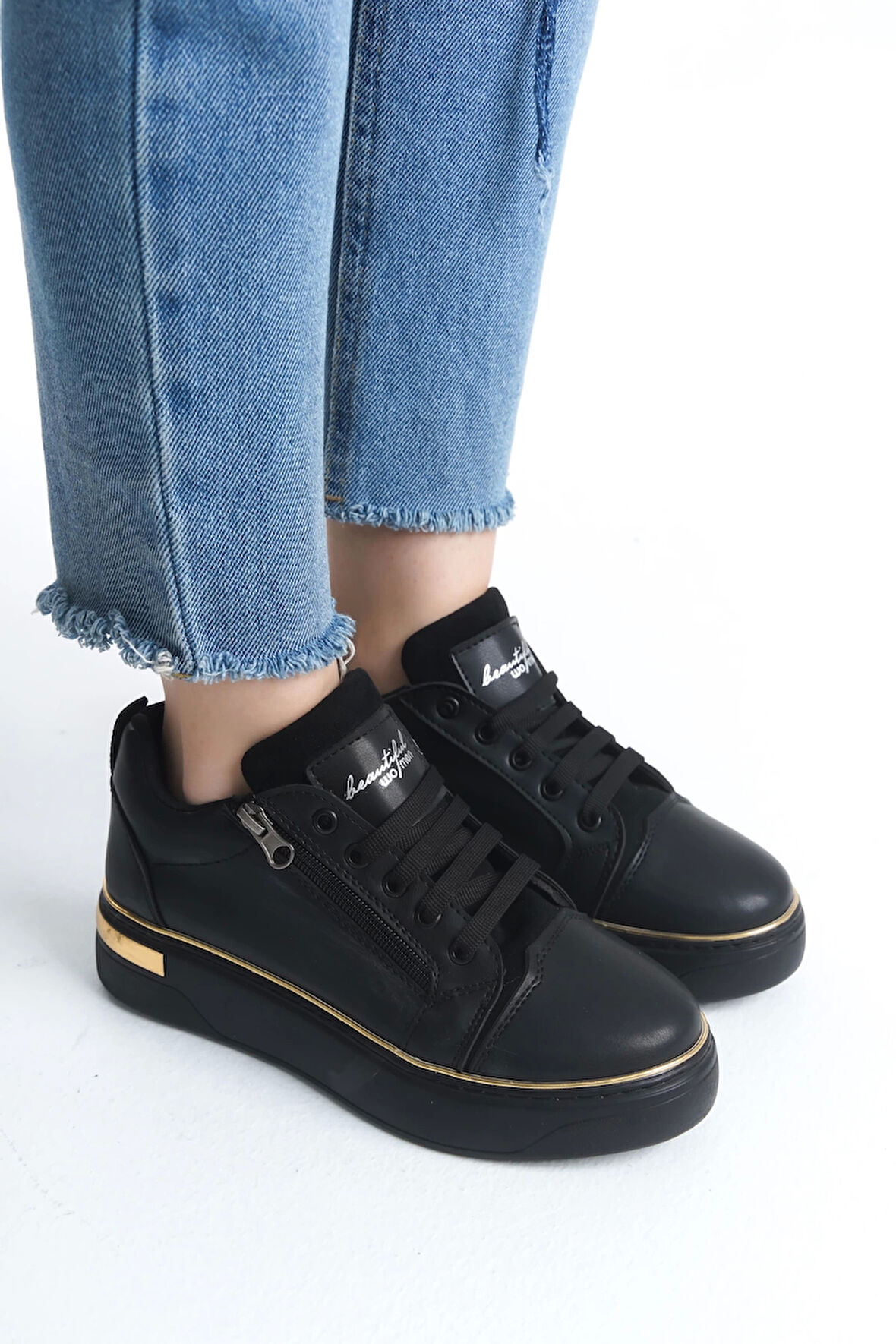 Dına Bağcıklı Fermuarlı Ortopedik Taban Kadın Sneaker Spor Ayakkabı  St - Siyah/altın