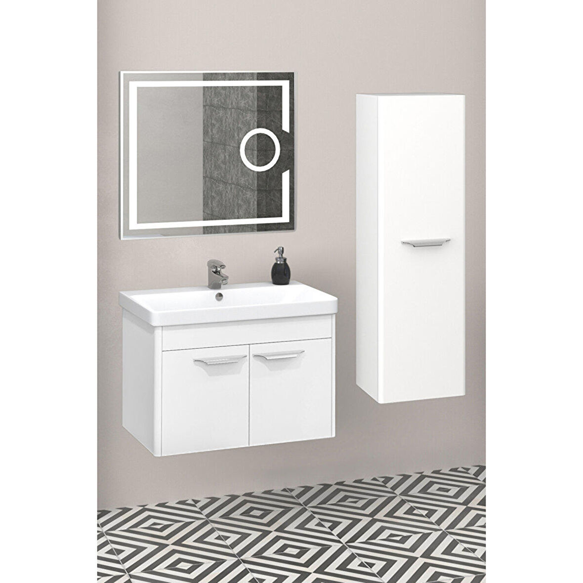 MARİA 80 CM BANYO DOLABI LED MERCEK AYNALI BEYAZ - BOY DOLAP DAHİL