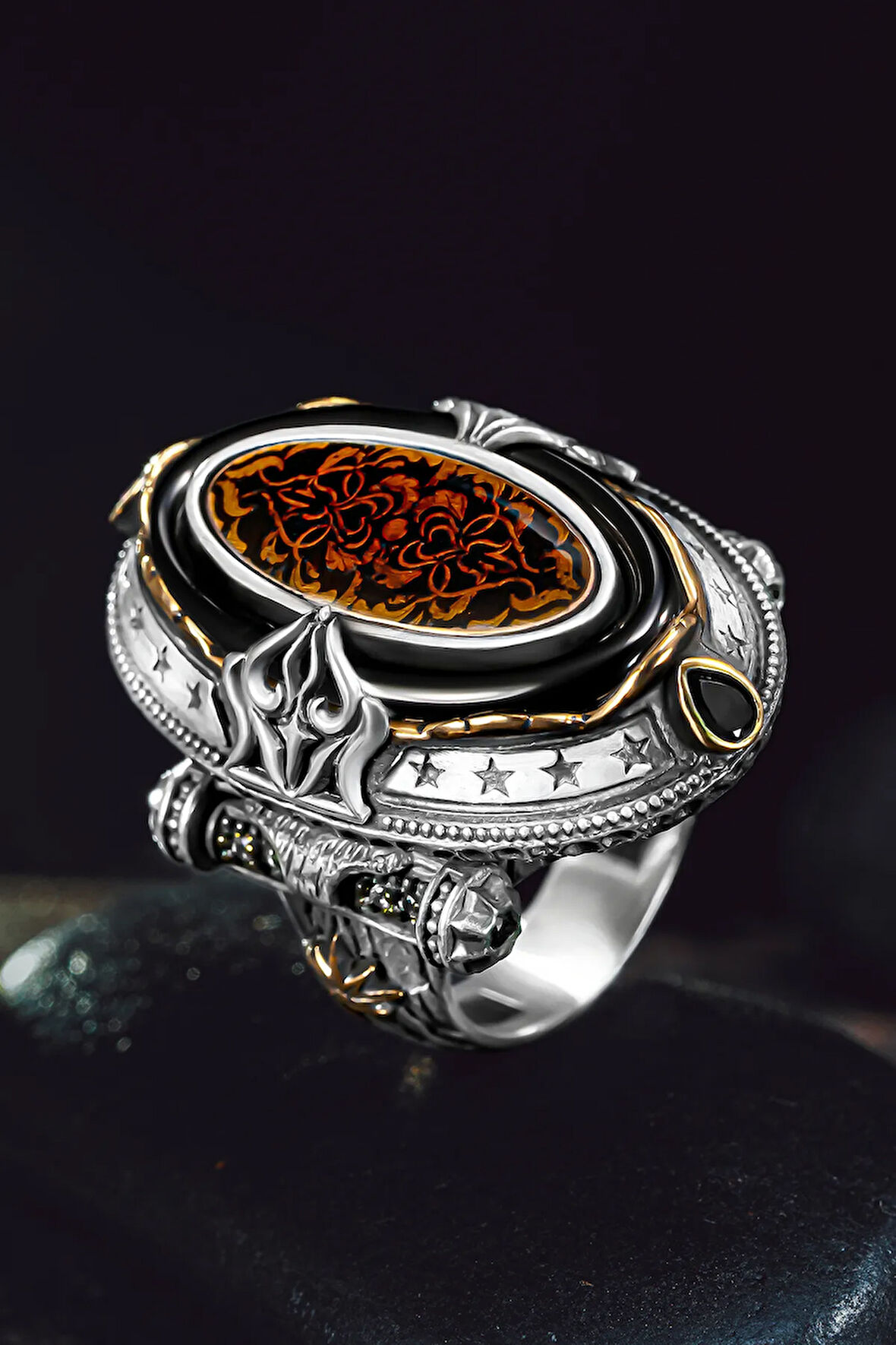 Erkek Gümüş Yüzük - Kehribar Taşlı Özel Tasarım Erkek Yüzük Zihgir