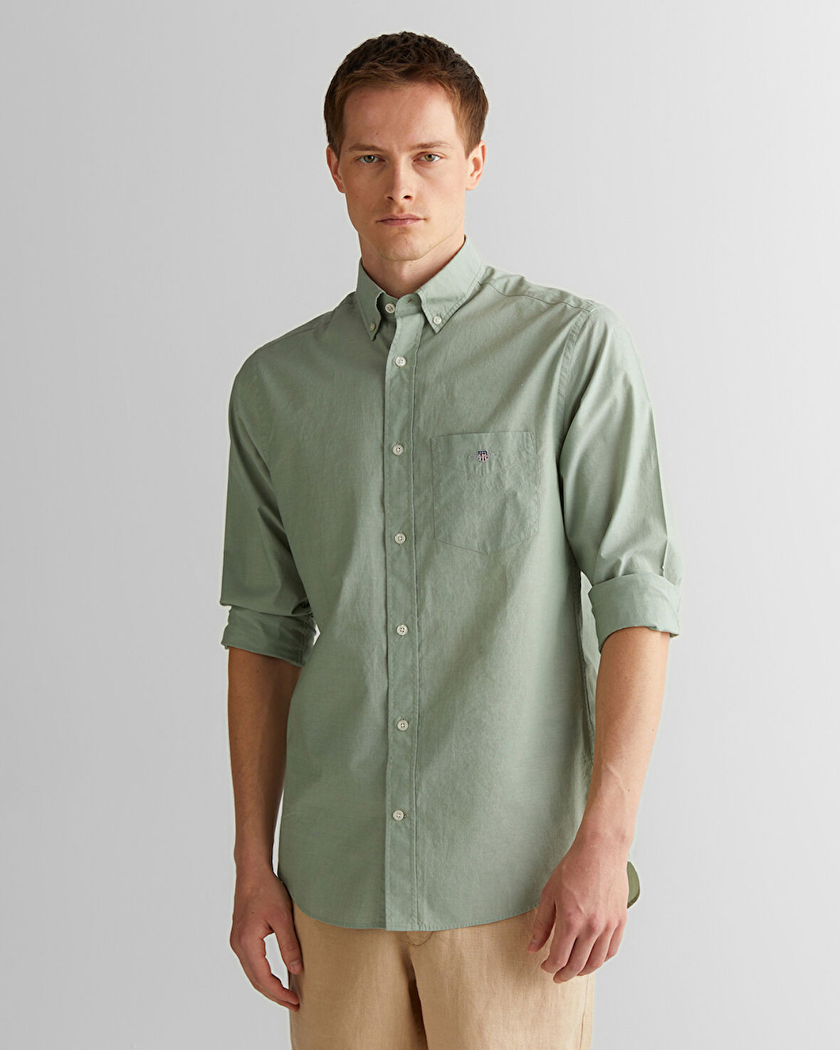 GANT Erkek Yeşil Regular Fit Düğmeli Yaka Poplin Gömlek