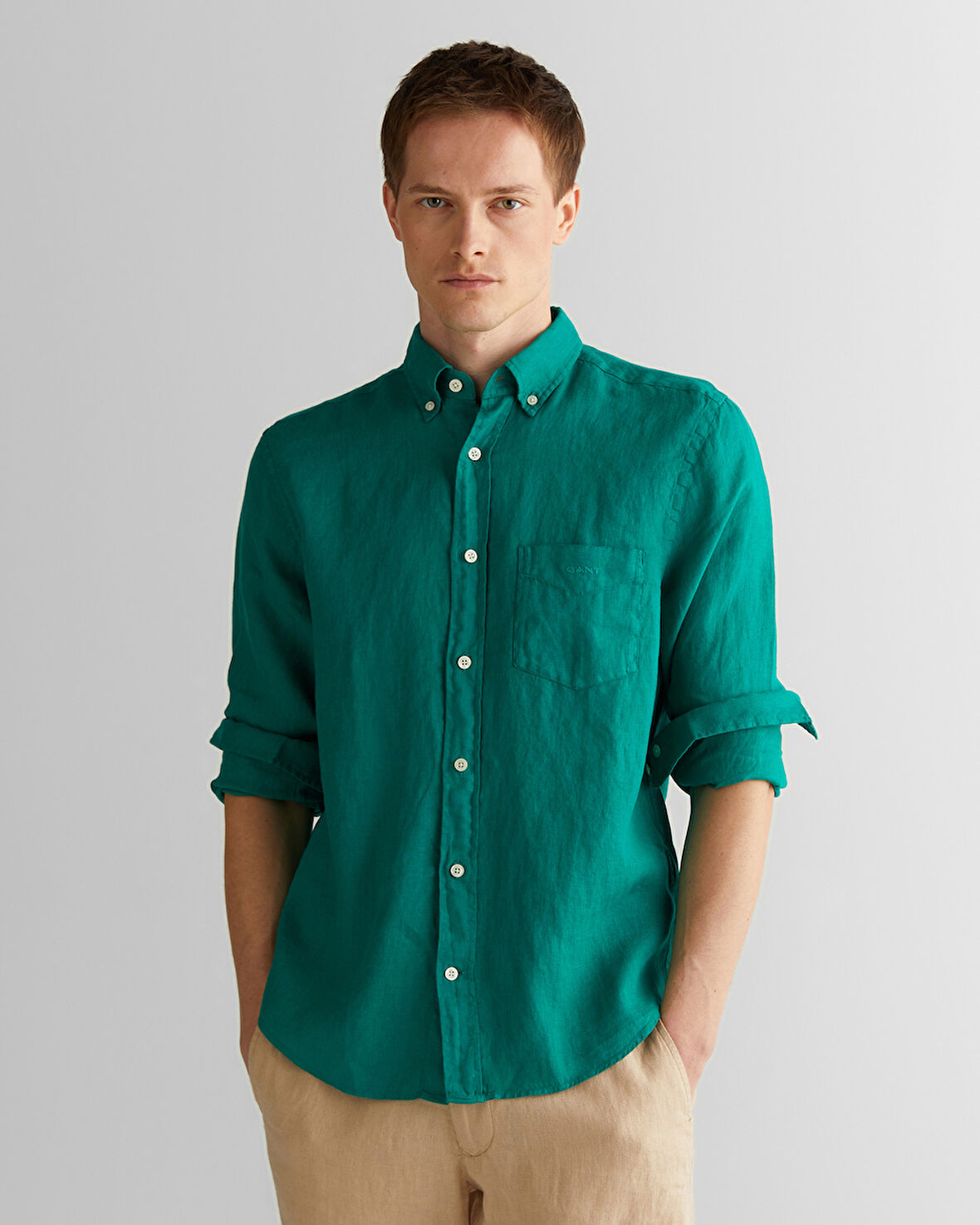 GANT Erkek Yeşil Regular Fit Düğmeli Yaka Keten Gömlek