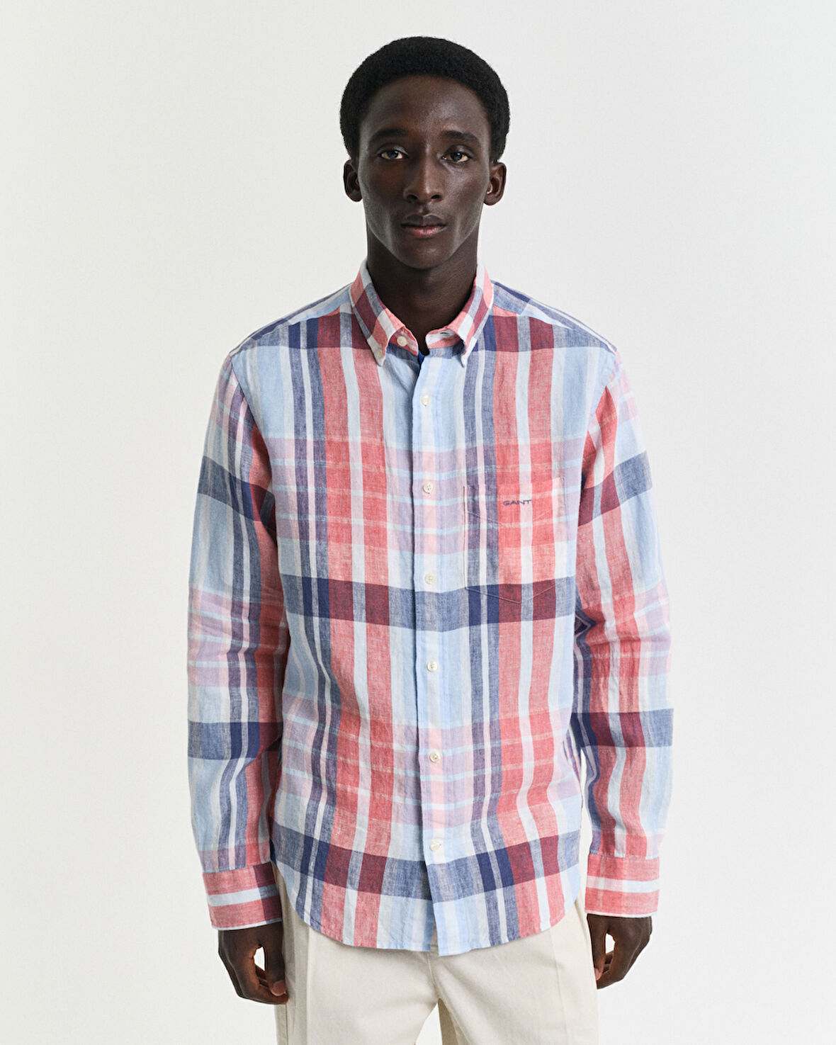 GANT Erkek Kırmızı Regular Fit Düğmeli Yaka Kareli Keten Gömlek